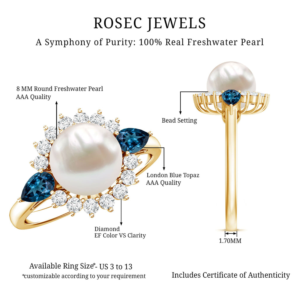 8MM Freshwater Cultured Pearl Designer Engagement Ring with Blue Topaz