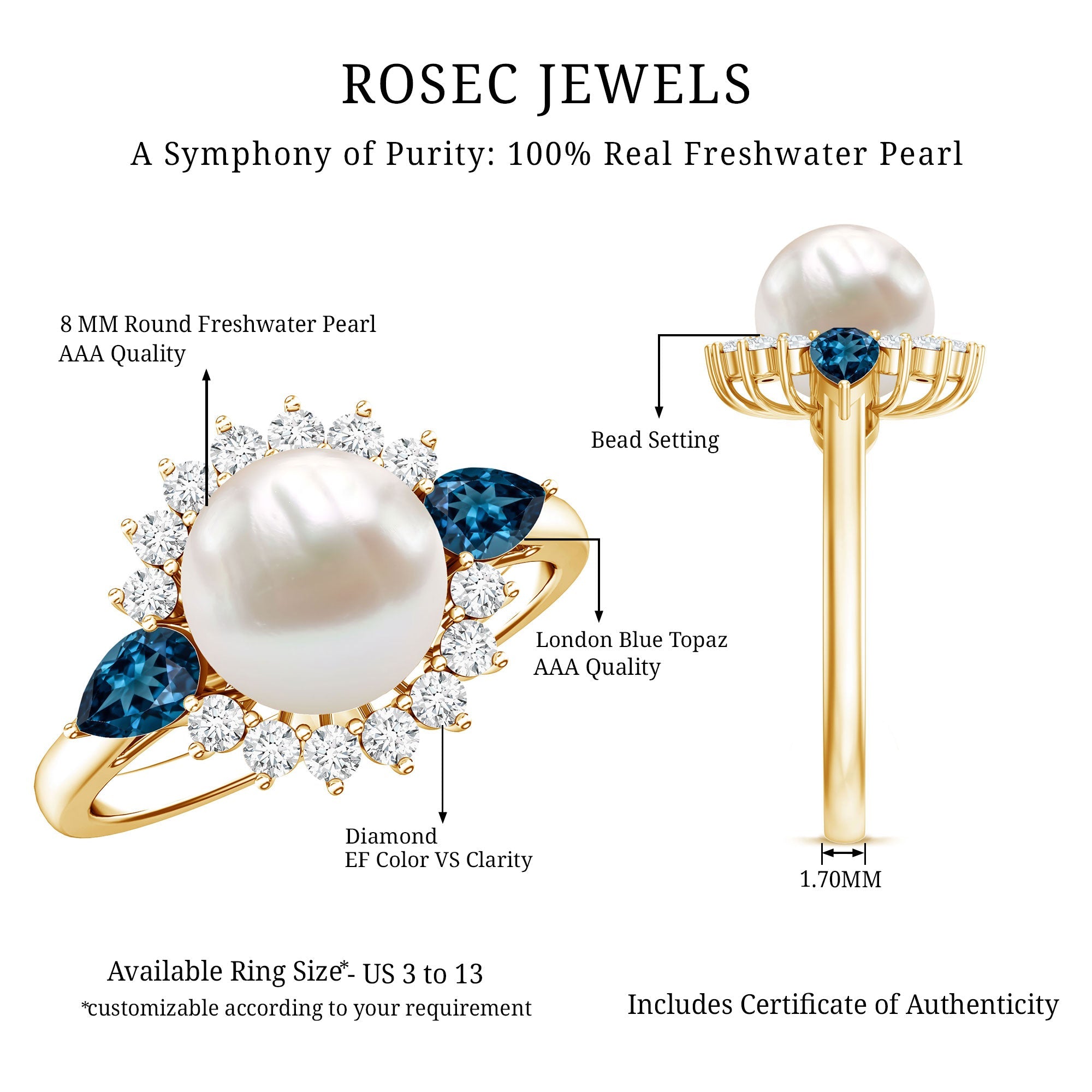 8MM Freshwater Cultured Pearl Designer Engagement Ring with Blue Topaz