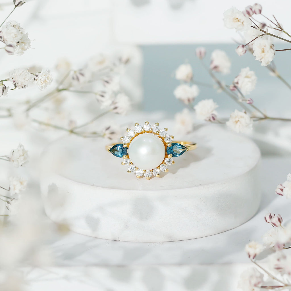 8MM Freshwater Cultured Pearl Designer Engagement Ring with Blue Topaz