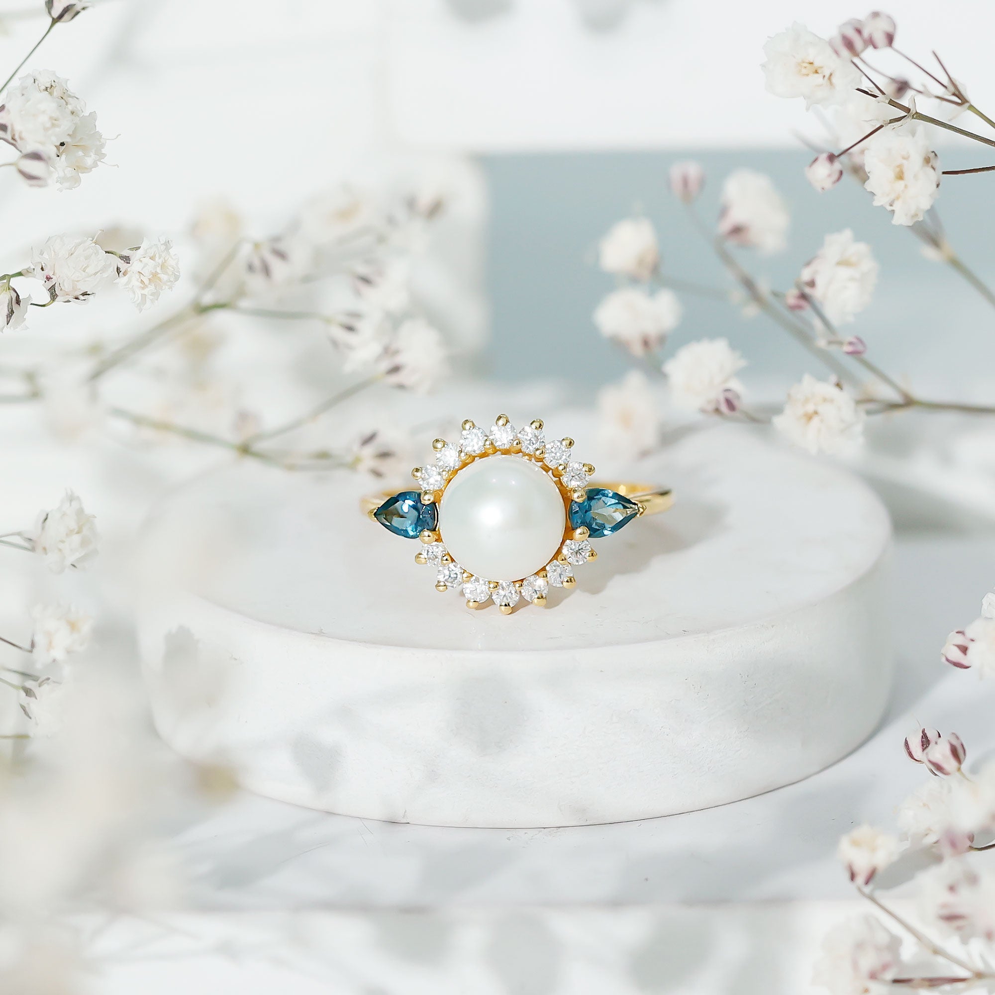 8MM Freshwater Cultured Pearl Designer Engagement Ring with Blue Topaz