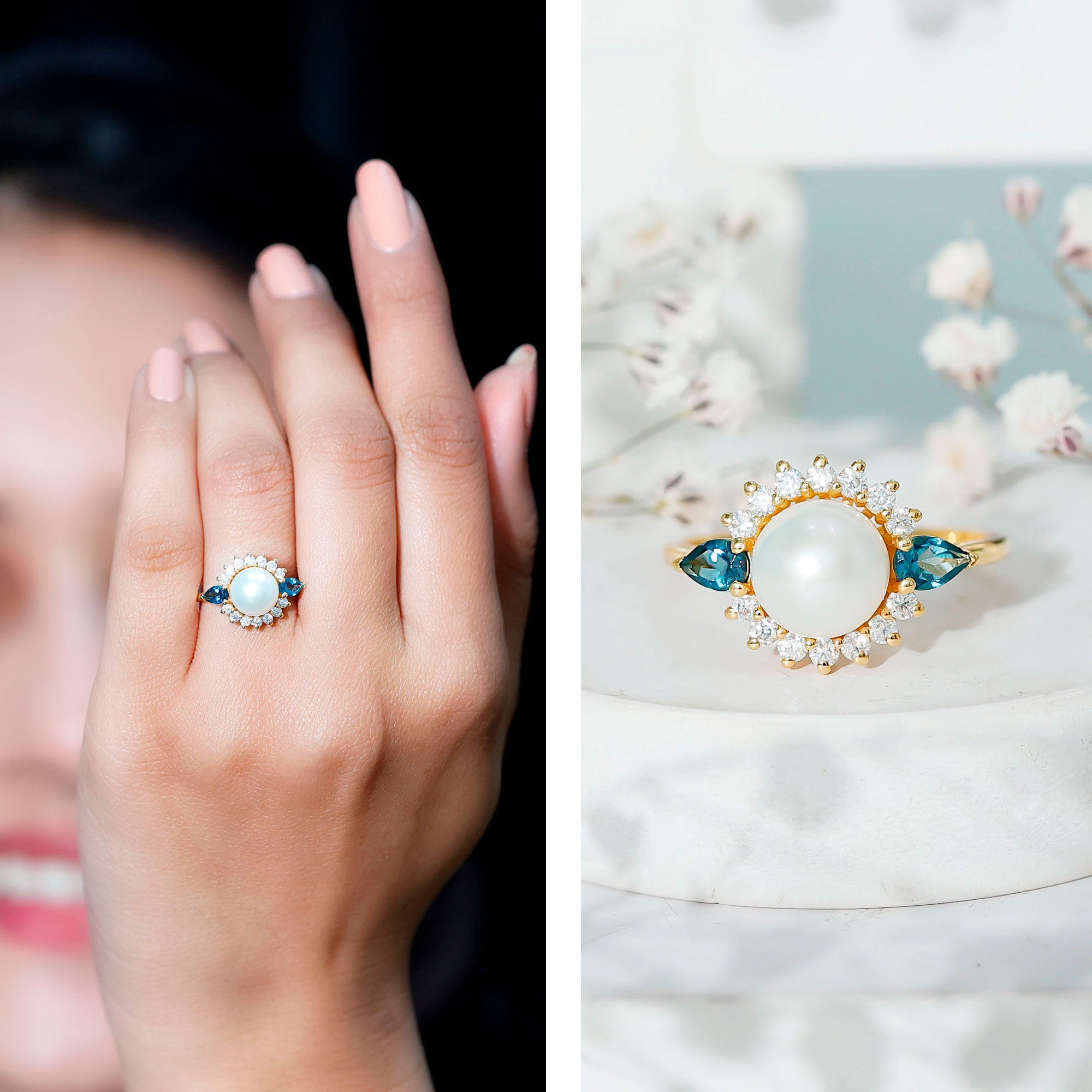 8MM Freshwater Cultured Pearl Designer Engagement Ring with Blue Topaz