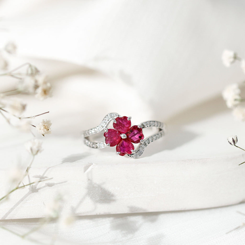 Real Ruby Flower Engagement Ring with Diamond Split Shank