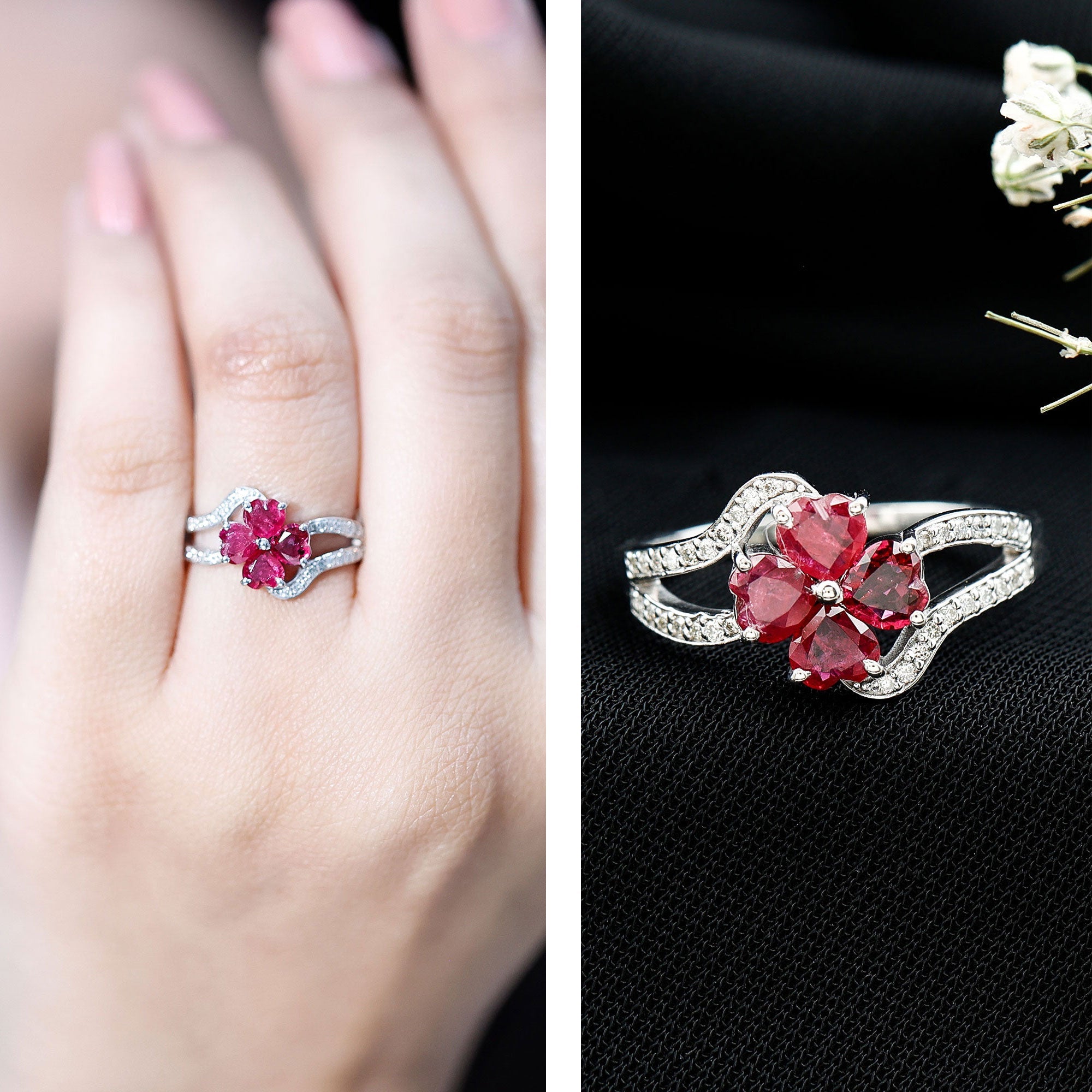 Real Ruby Flower Engagement Ring with Diamond Split Shank
