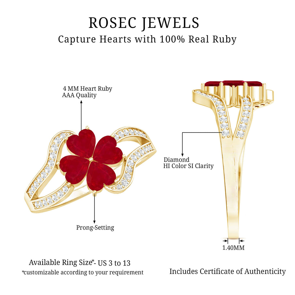 Real Ruby Flower Engagement Ring with Diamond Split Shank