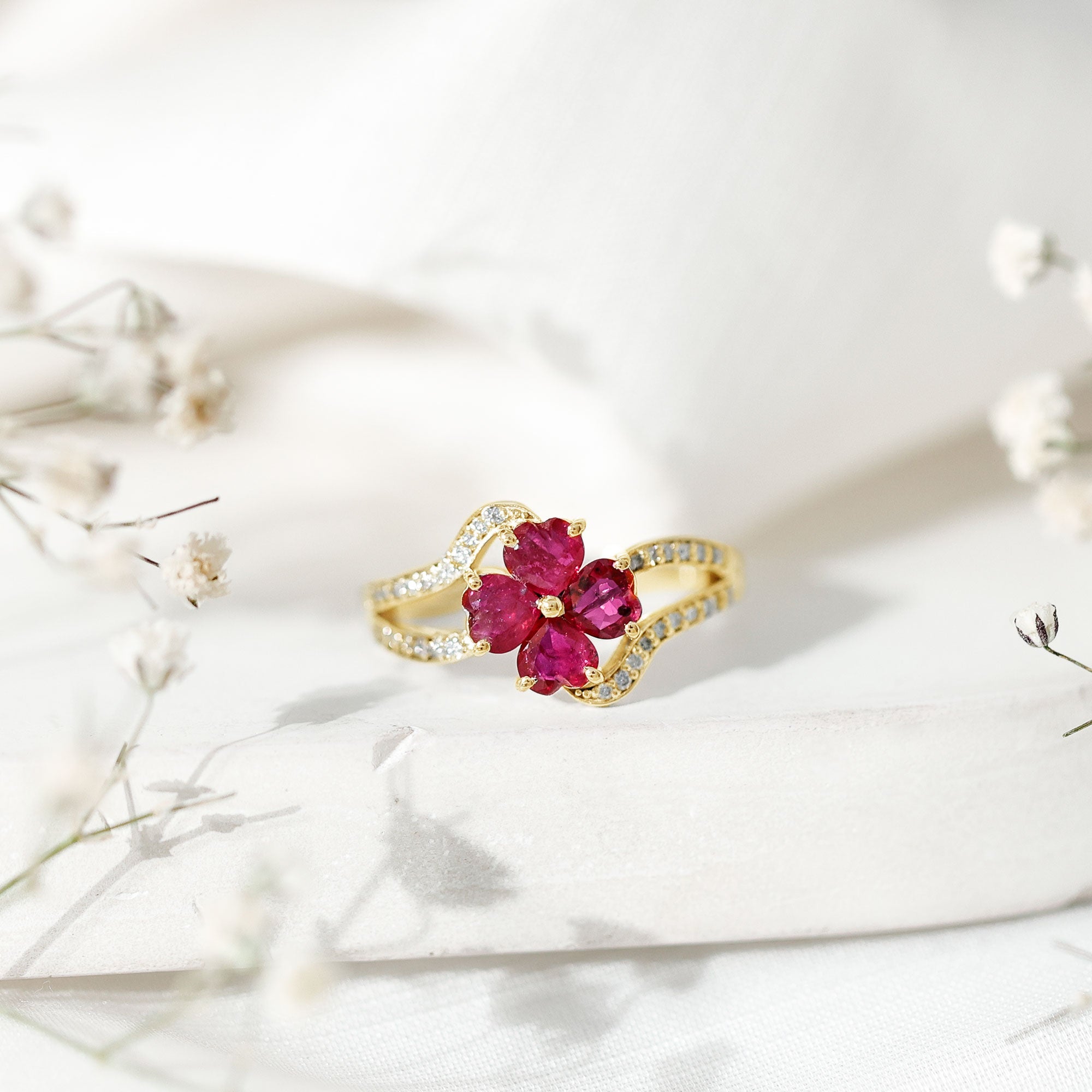 Real Ruby Flower Engagement Ring with Diamond Split Shank