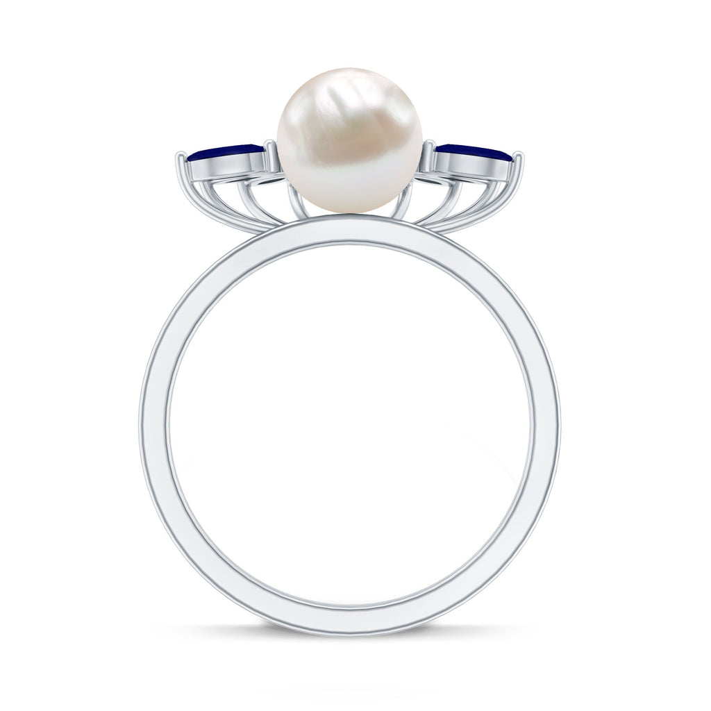 Cultured 3 Carat Freshwater Pearl Engagement Ring with Blue Sapphire