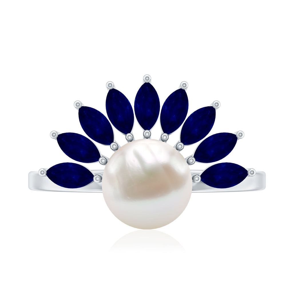 Cultured 3 Carat Freshwater Pearl Engagement Ring with Blue Sapphire