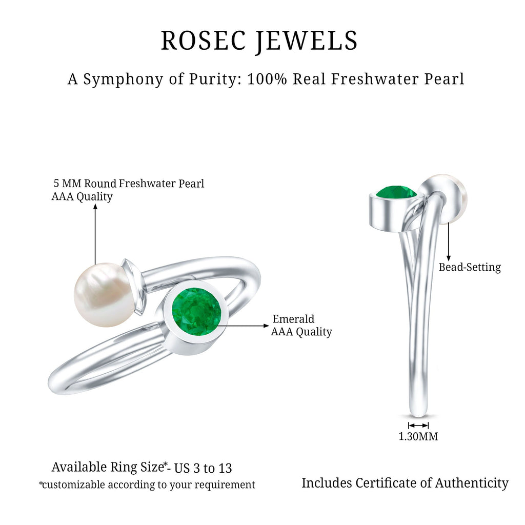 Real Freshwater Pearl and Emerald Toi et Moi Promise Ring