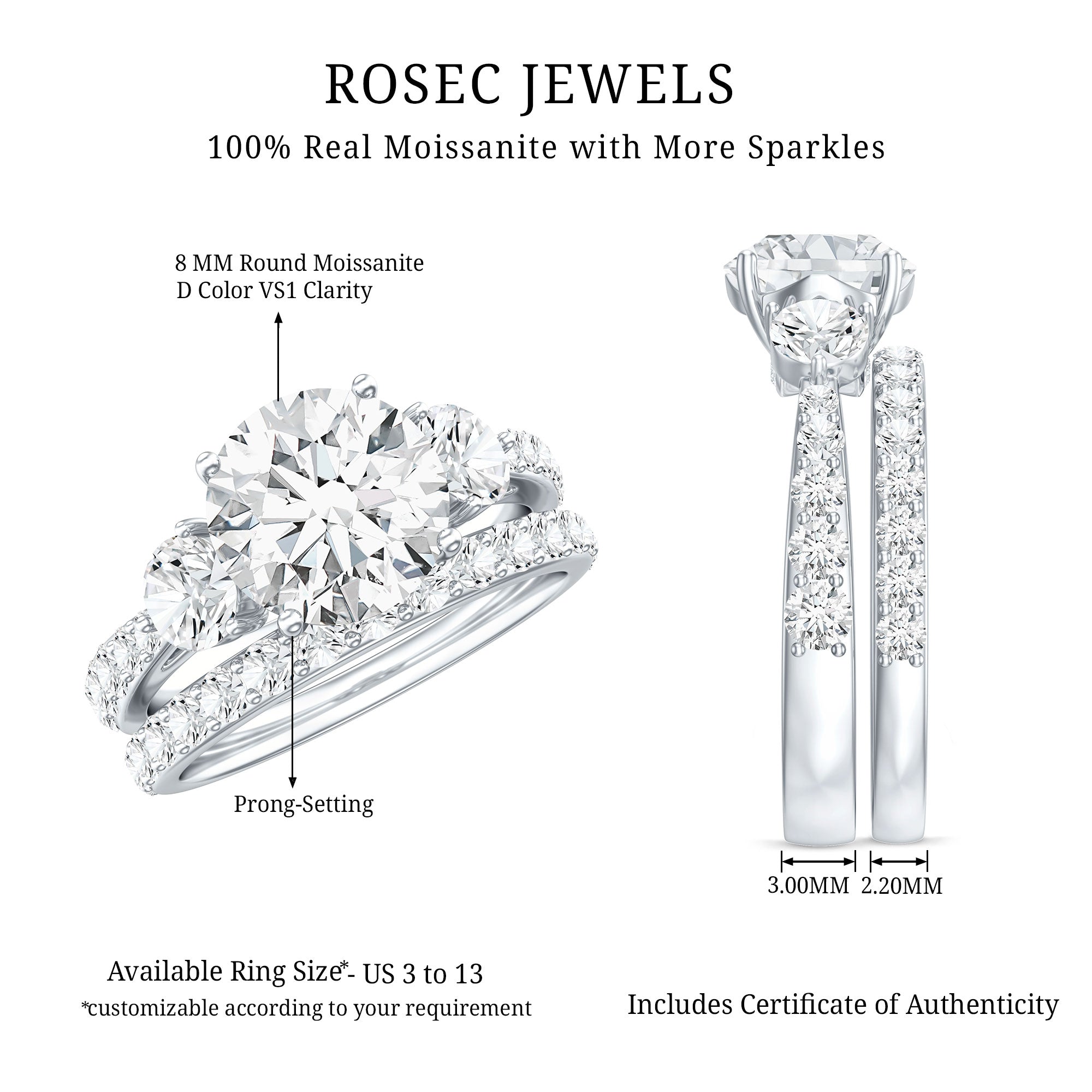 Certified 2 Carat Round Moissanite Bridal Ring Set For Wedding