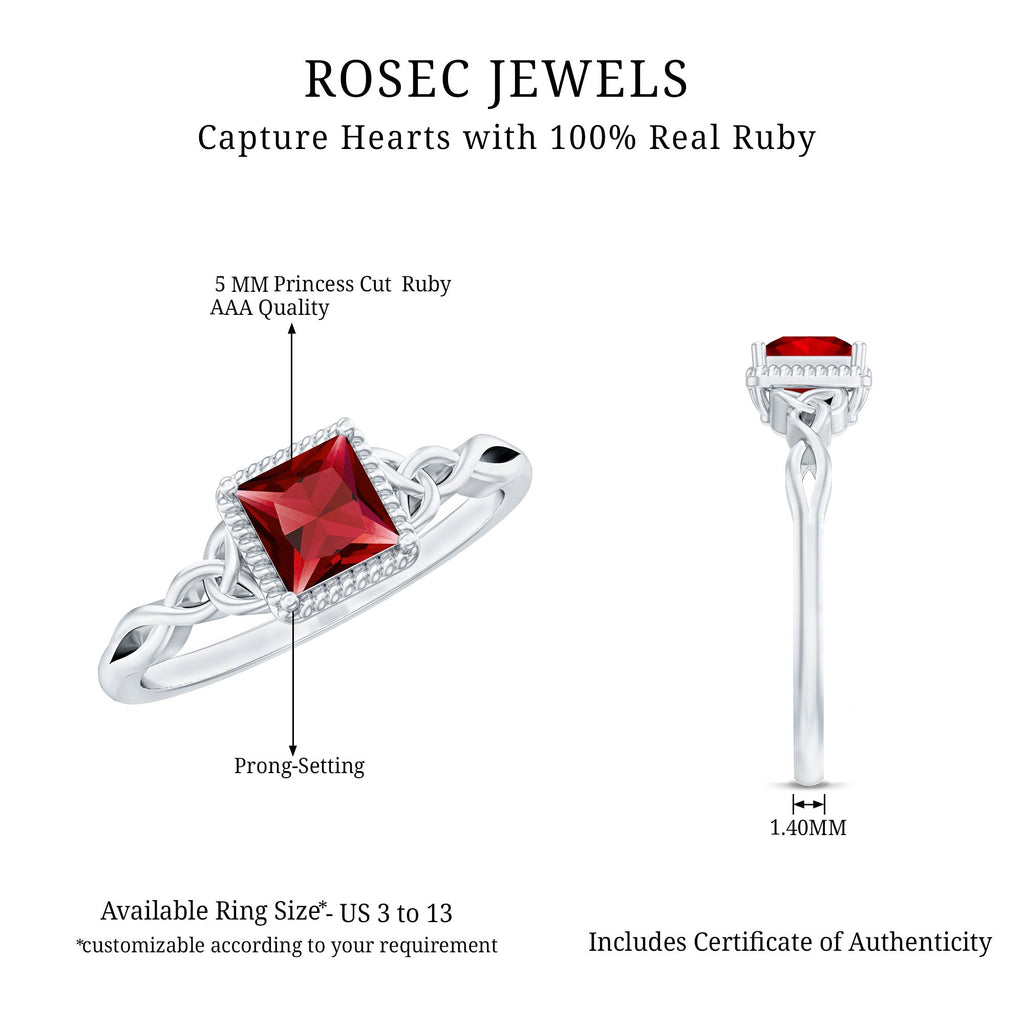 Natural 0.8 Carat Princess Cut Ruby Promise Ring with Celtic Knot