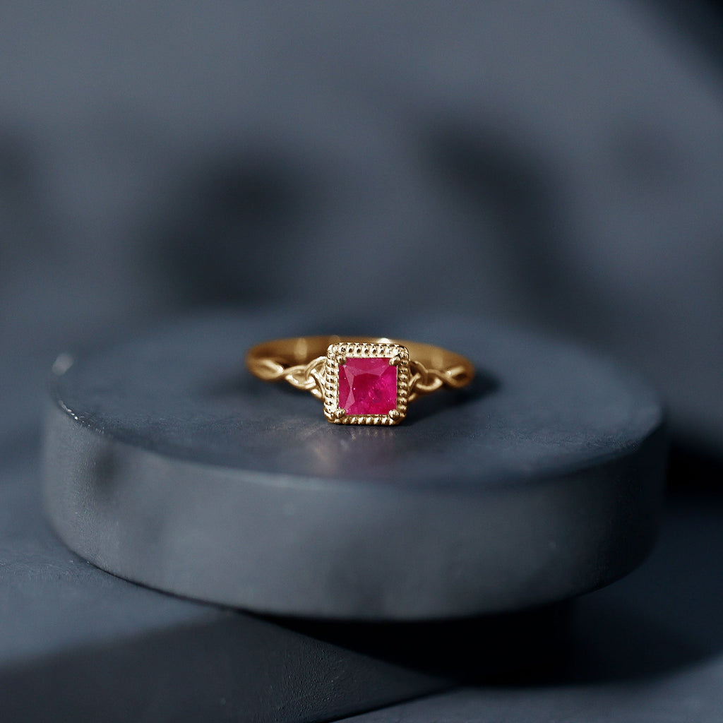 Natural 0.8 Carat Princess Cut Ruby Promise Ring with Celtic Knot