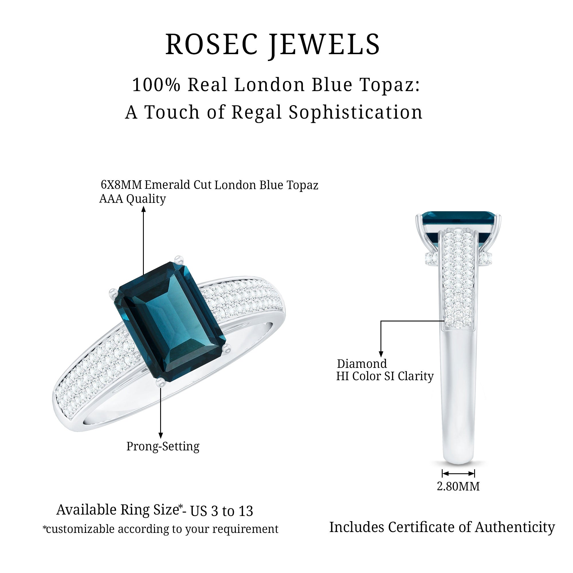 2.2 Carat Emerald Cut London Blue Topaz Side Stone Engagement Ring with Diamond