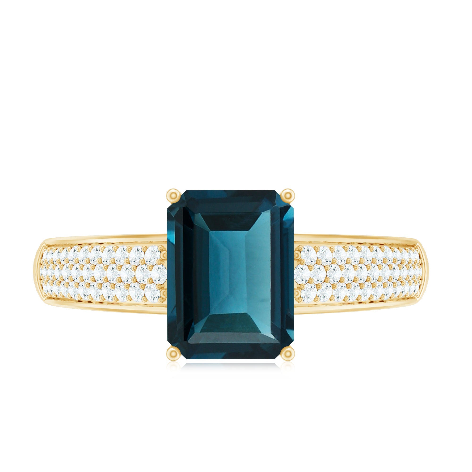 2.2 Carat Emerald Cut London Blue Topaz Side Stone Engagement Ring with Diamond