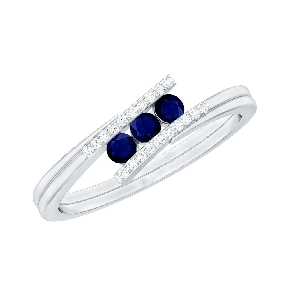 Natural Blue Sapphire 3 Stone Promise Ring with Diamond Bypass Shank