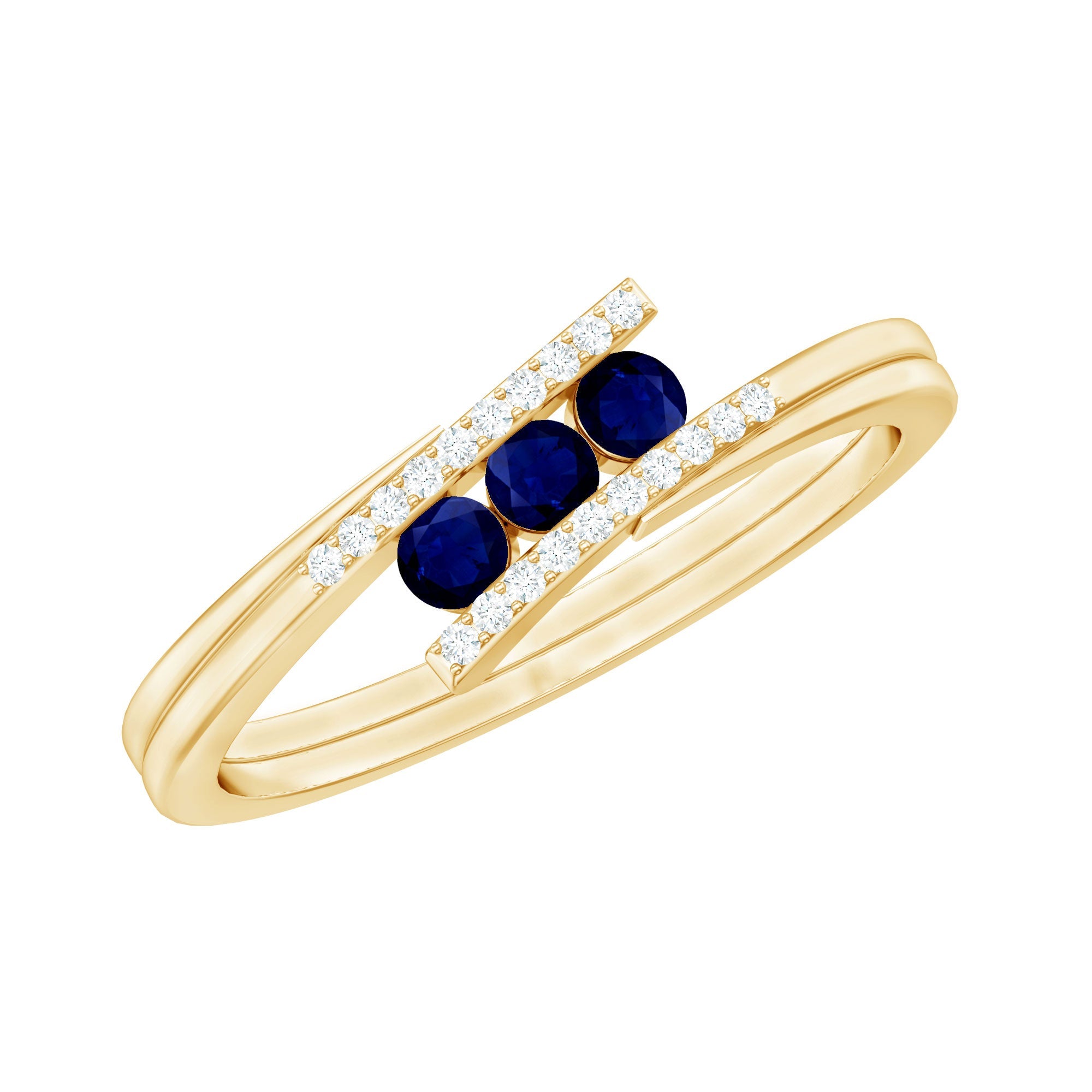 Natural Blue Sapphire 3 Stone Promise Ring with Diamond Bypass Shank | Rings | Wiccan Center