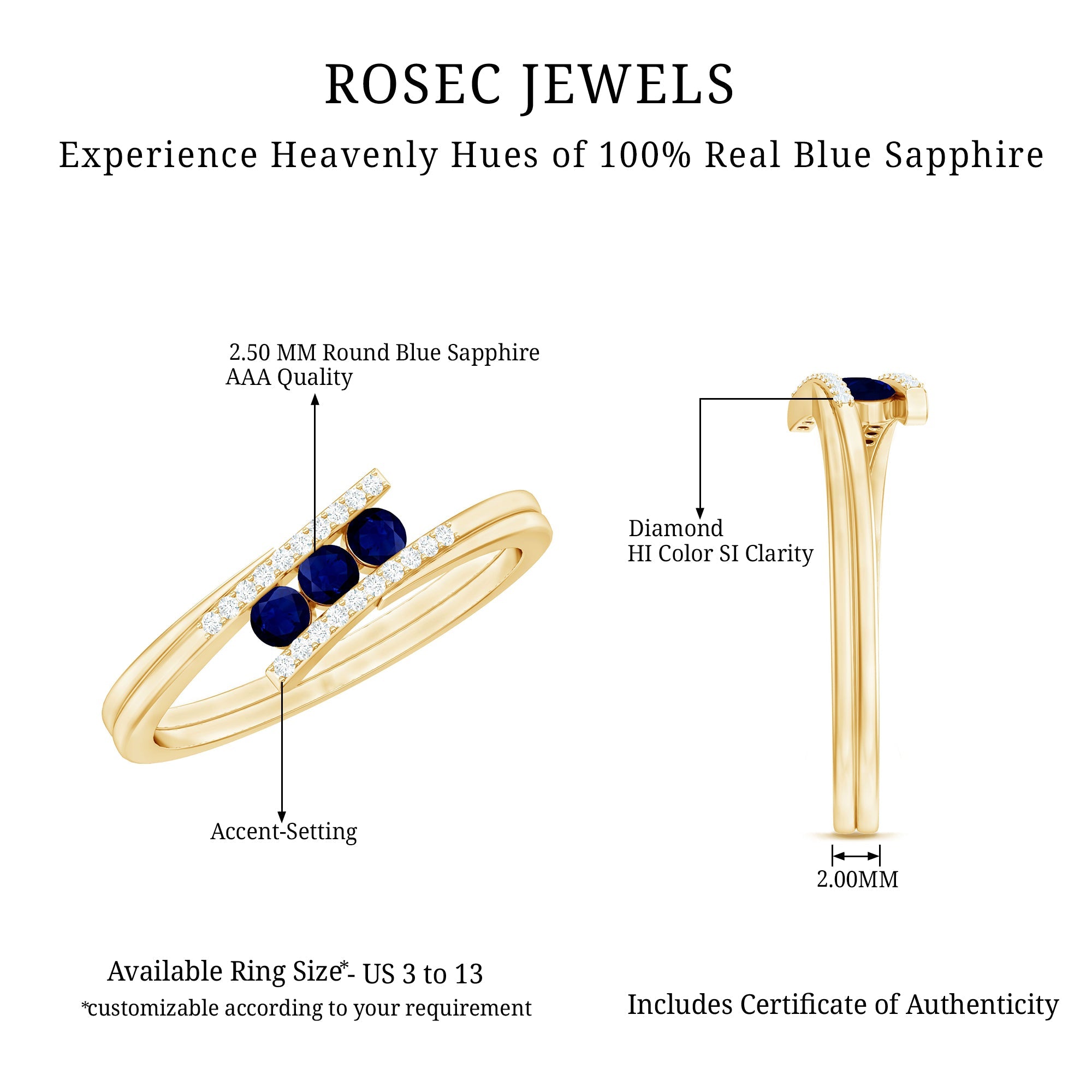 Natural Blue Sapphire 3 Stone Promise Ring with Diamond Bypass Shank