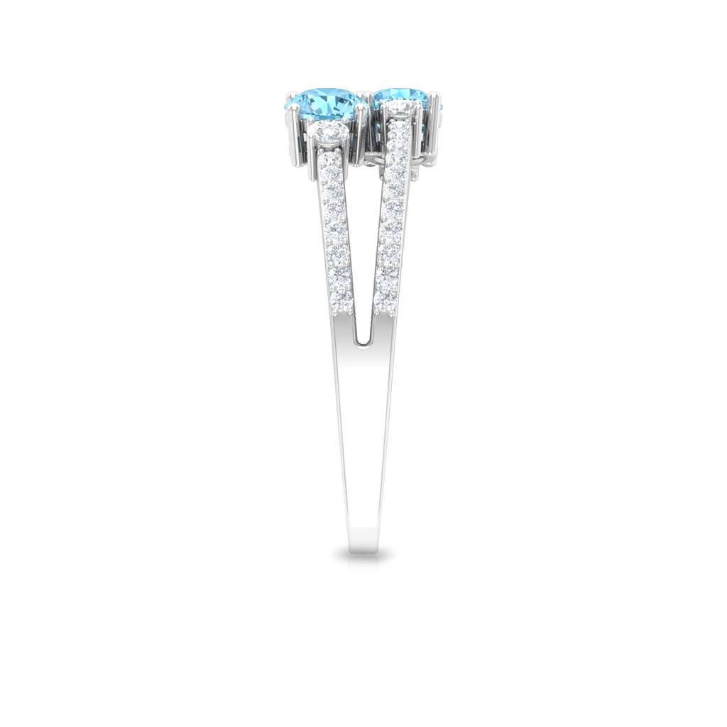 Natural Aquamarine Diamond 2 Stone Promise Ring with Split Shank