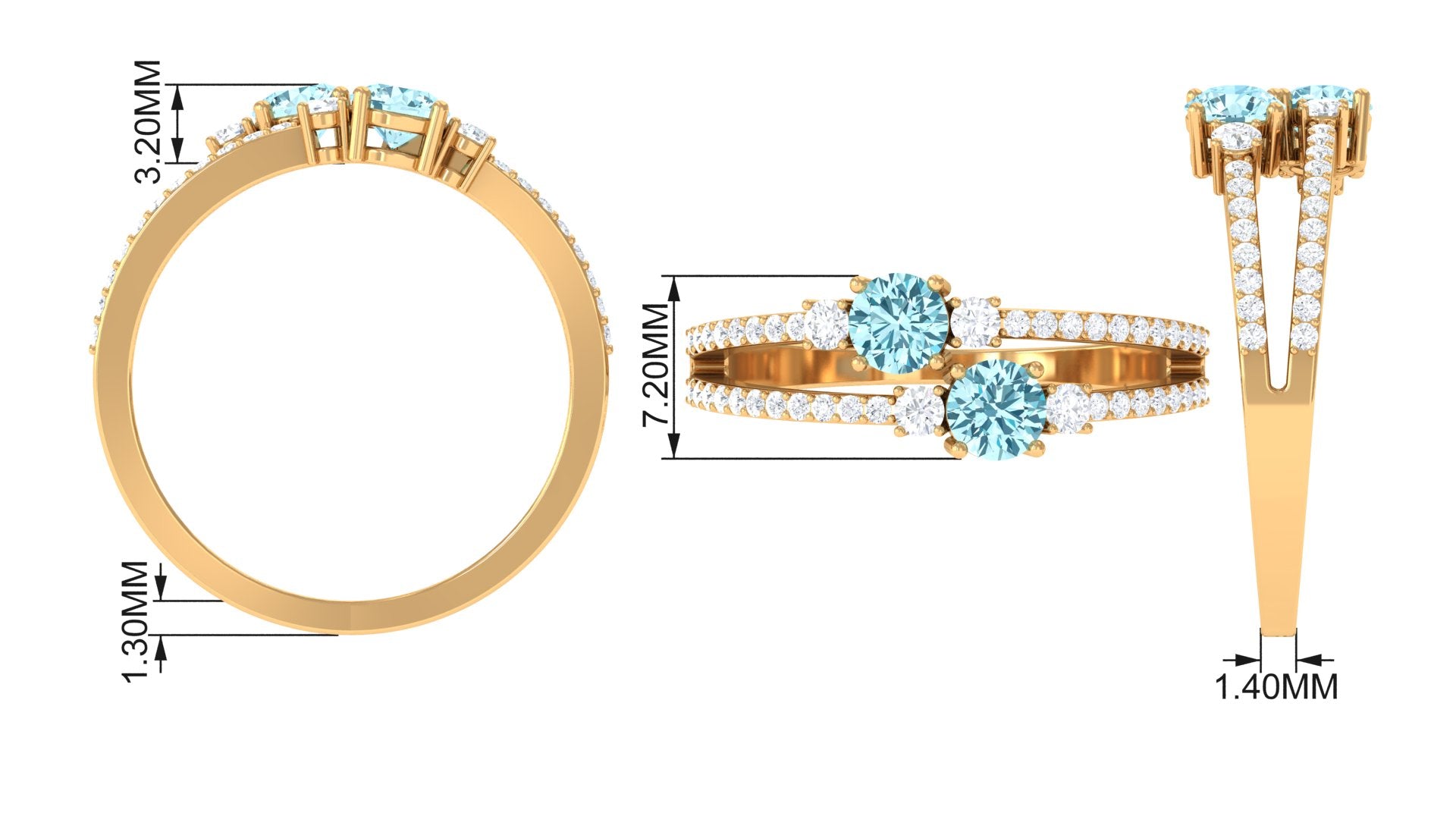 Natural Aquamarine Diamond 2 Stone Promise Ring with Split Shank