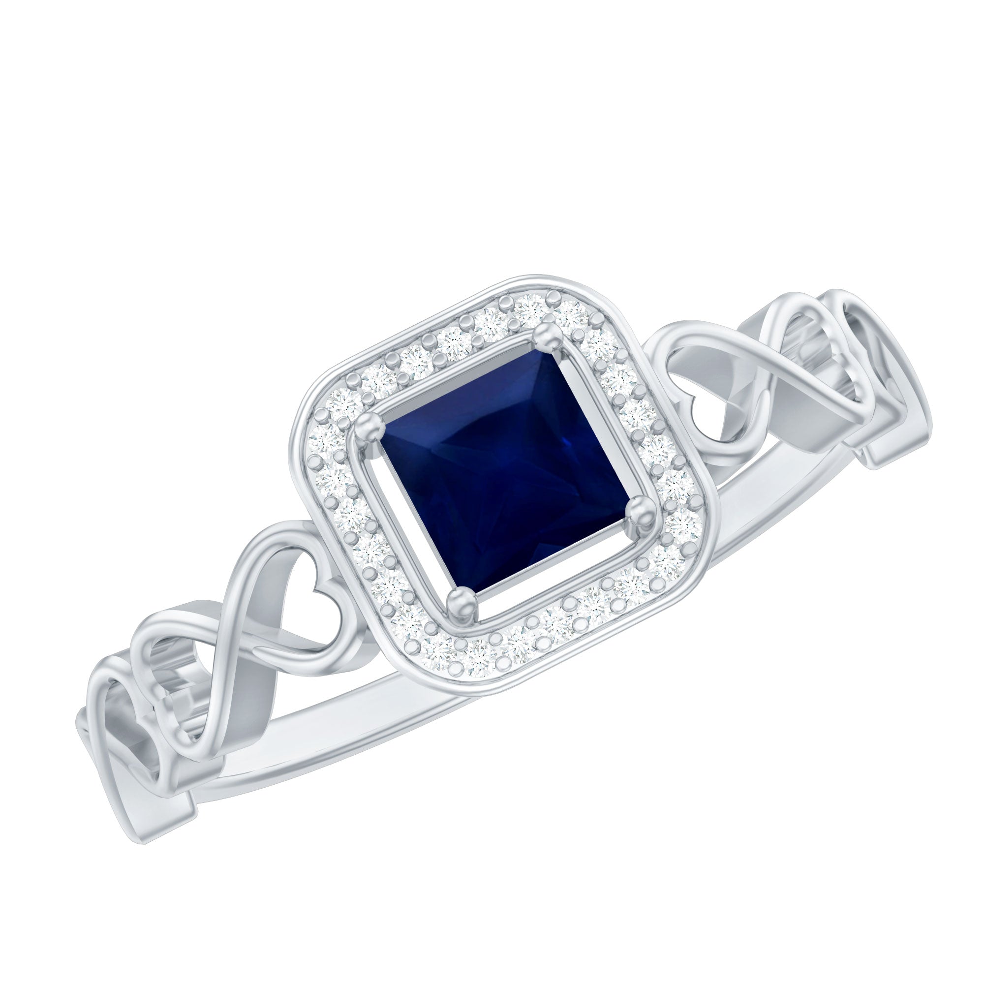Natural Princess Cut Blue Sapphire Diamond Promise Ring with Infinity Heart Shank