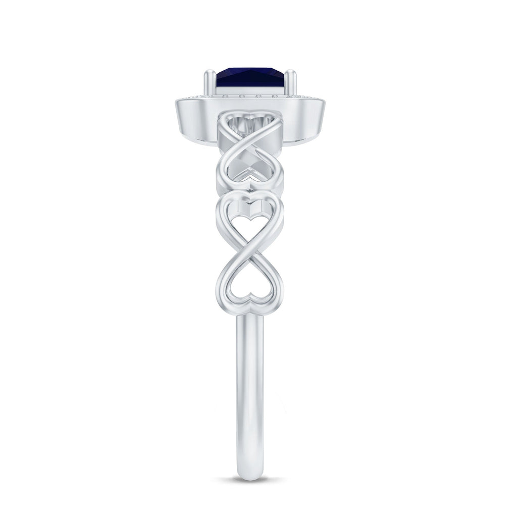 Natural Princess Cut Blue Sapphire Diamond Promise Ring with Infinity Heart Shank