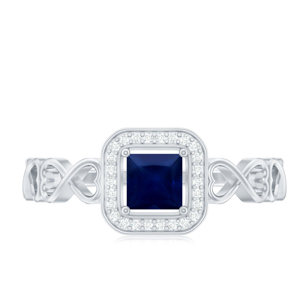 Natural Princess Cut Blue Sapphire Diamond Promise Ring with Infinity Heart Shank