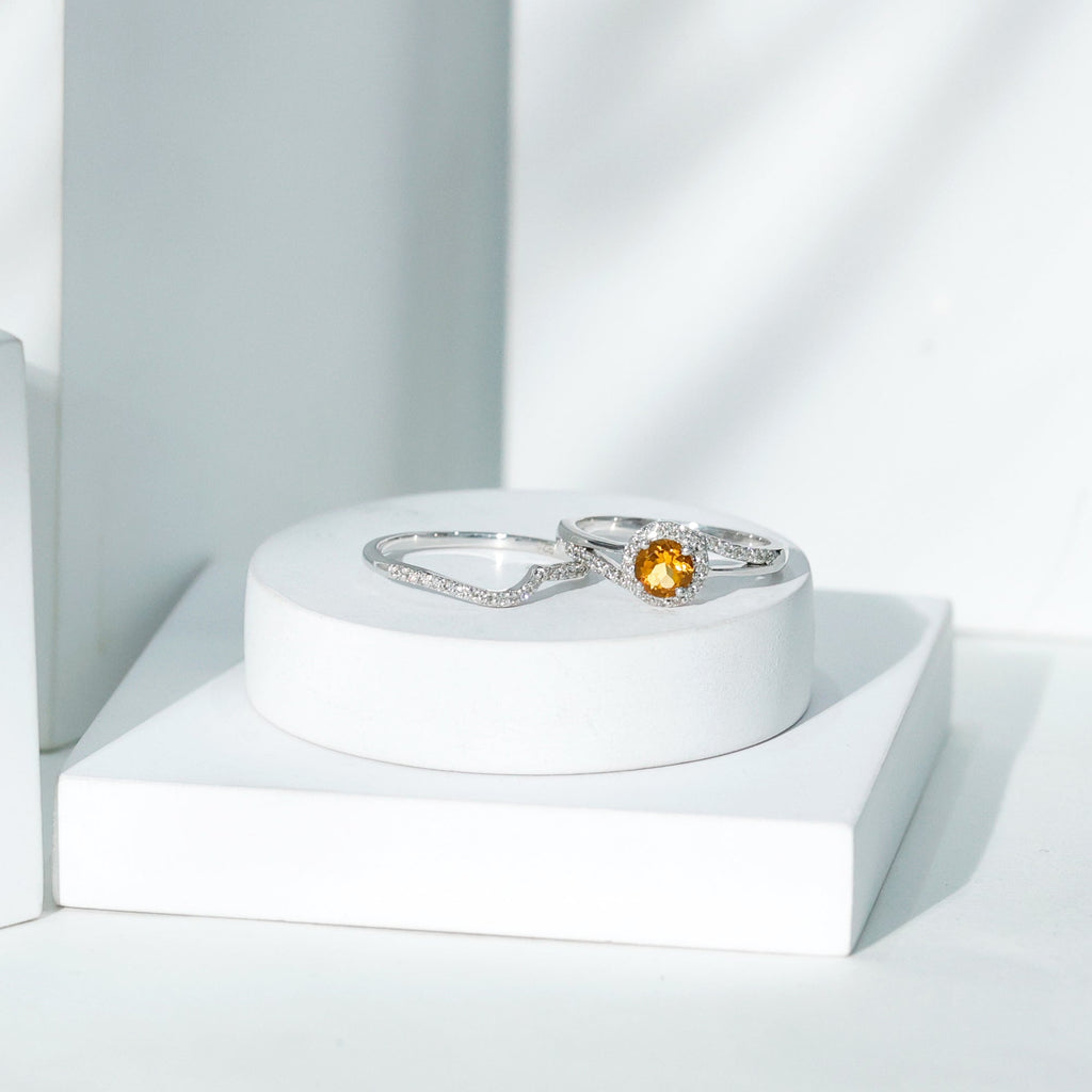 Genuine Citrine Engagement Ring with Diamond Wedding Band