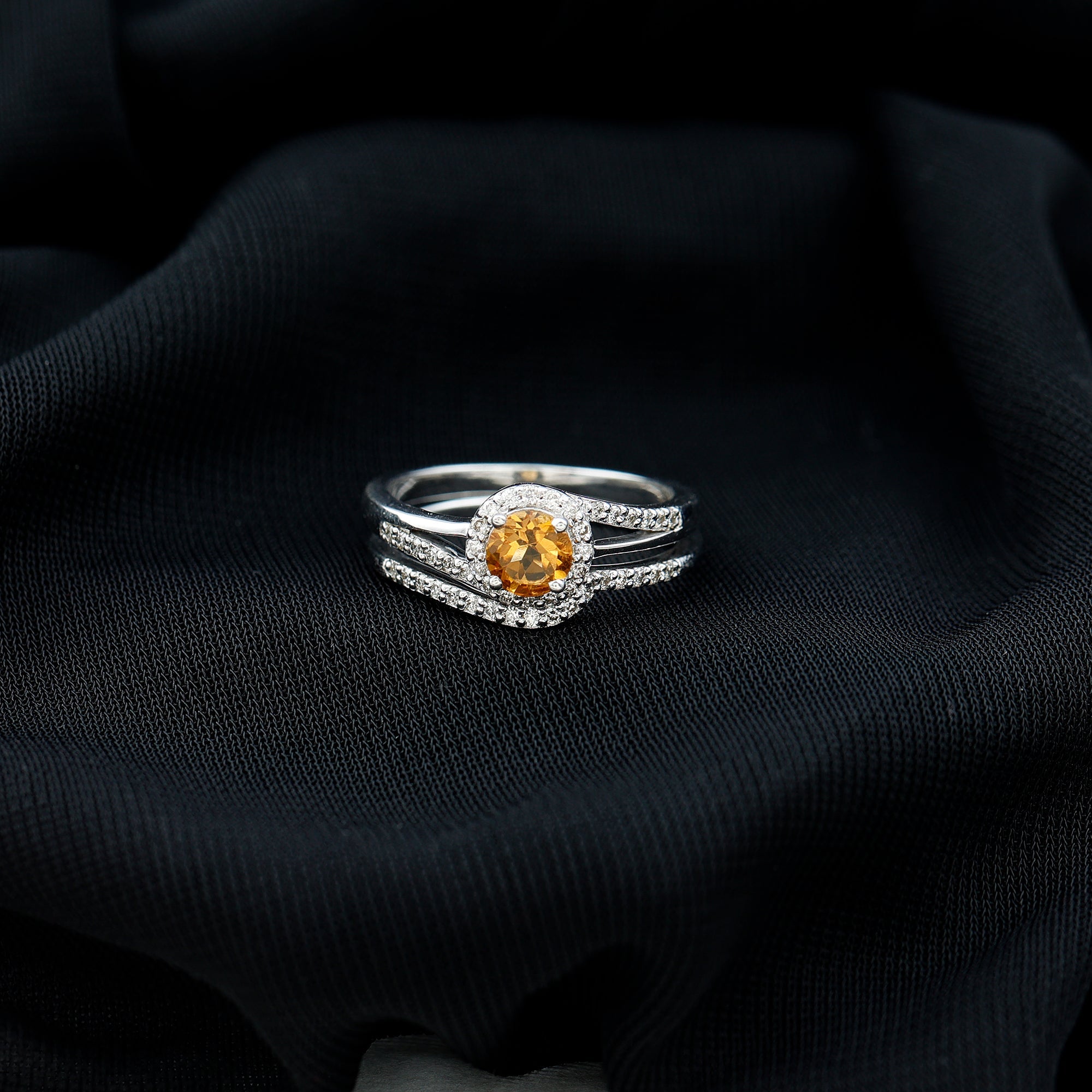 Genuine Citrine Engagement Ring with Diamond Wedding Band
