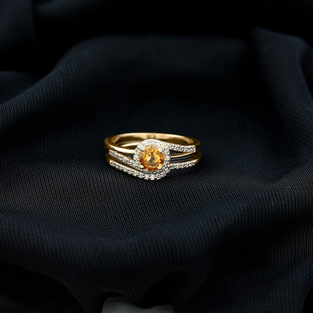 Genuine Citrine Engagement Ring with Diamond Wedding Band