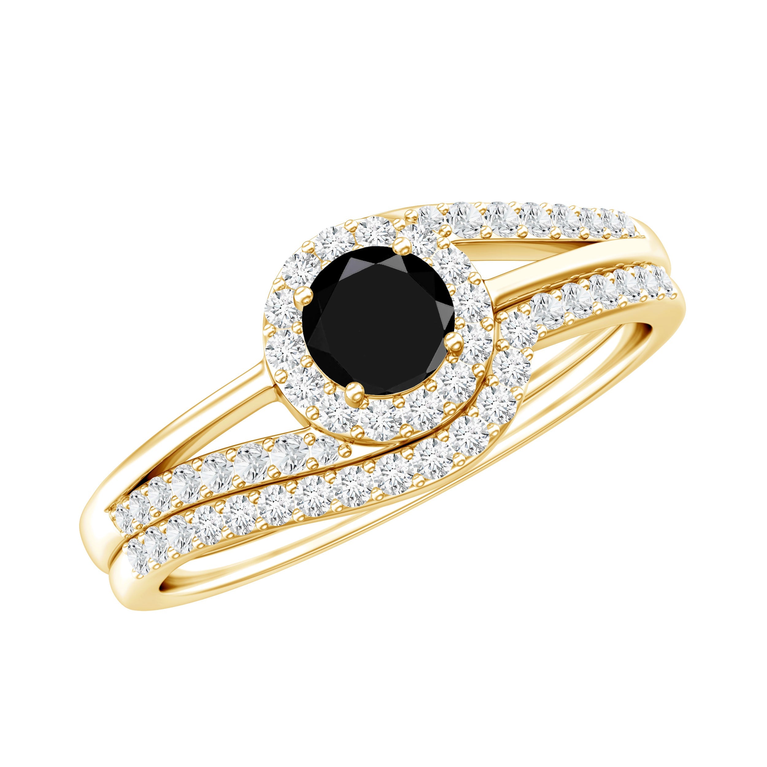 Black Onyx Minimal Wedding Rings Set with Diamond Curved Band | Rings | Wiccan Center