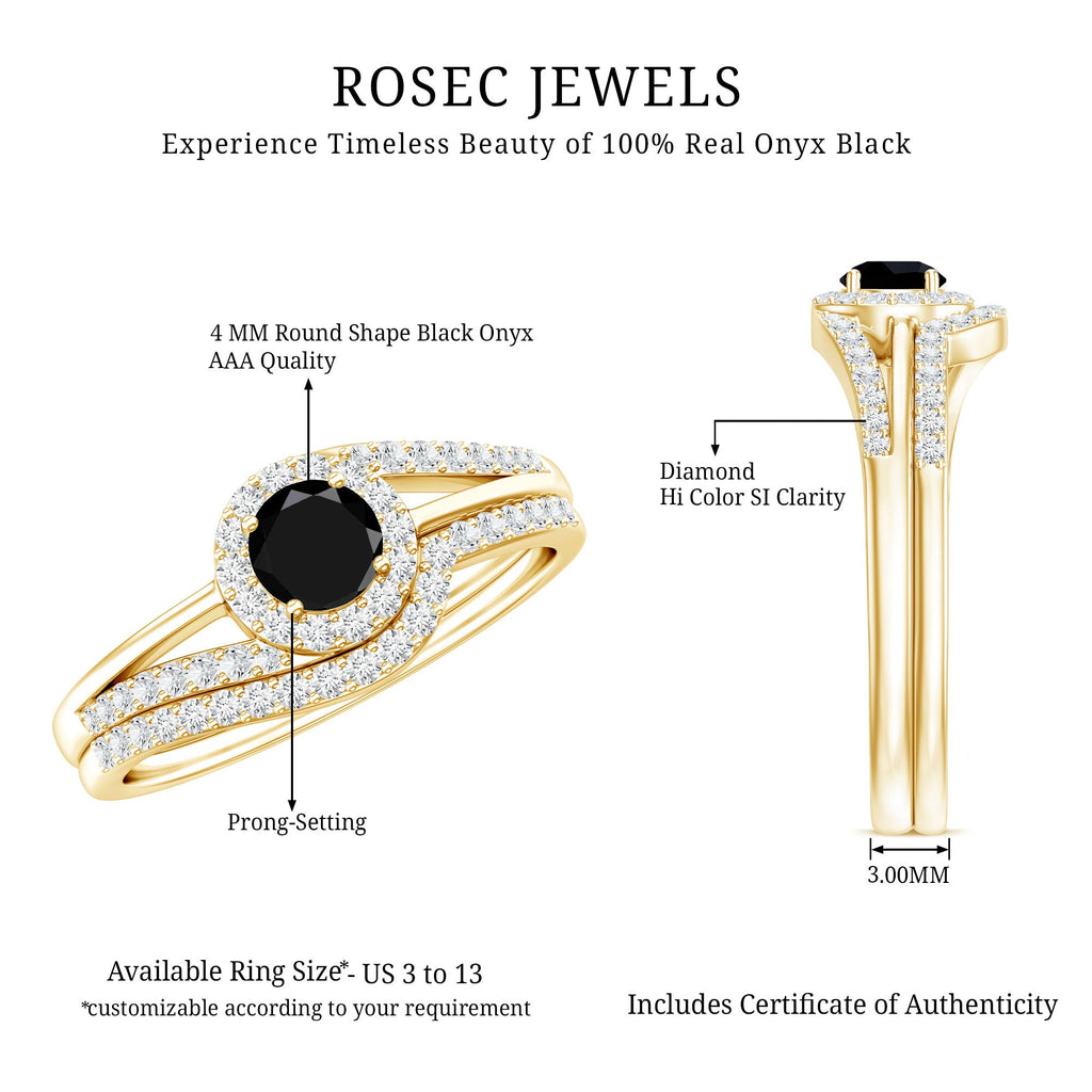 Black Onyx Minimal Wedding Rings Set with Diamond Curved Band