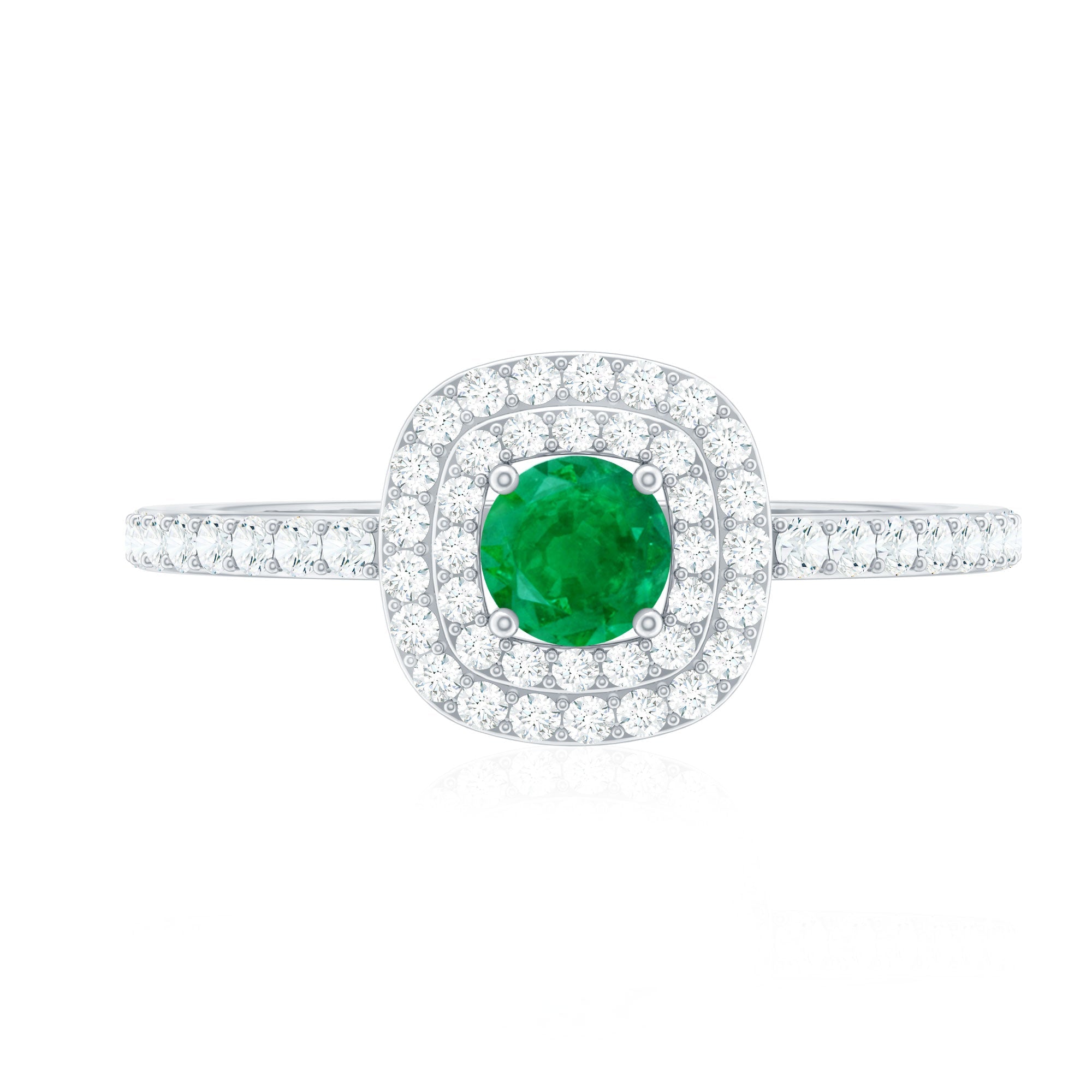 Round Emerald and Diamond Double Halo Engagement Ring