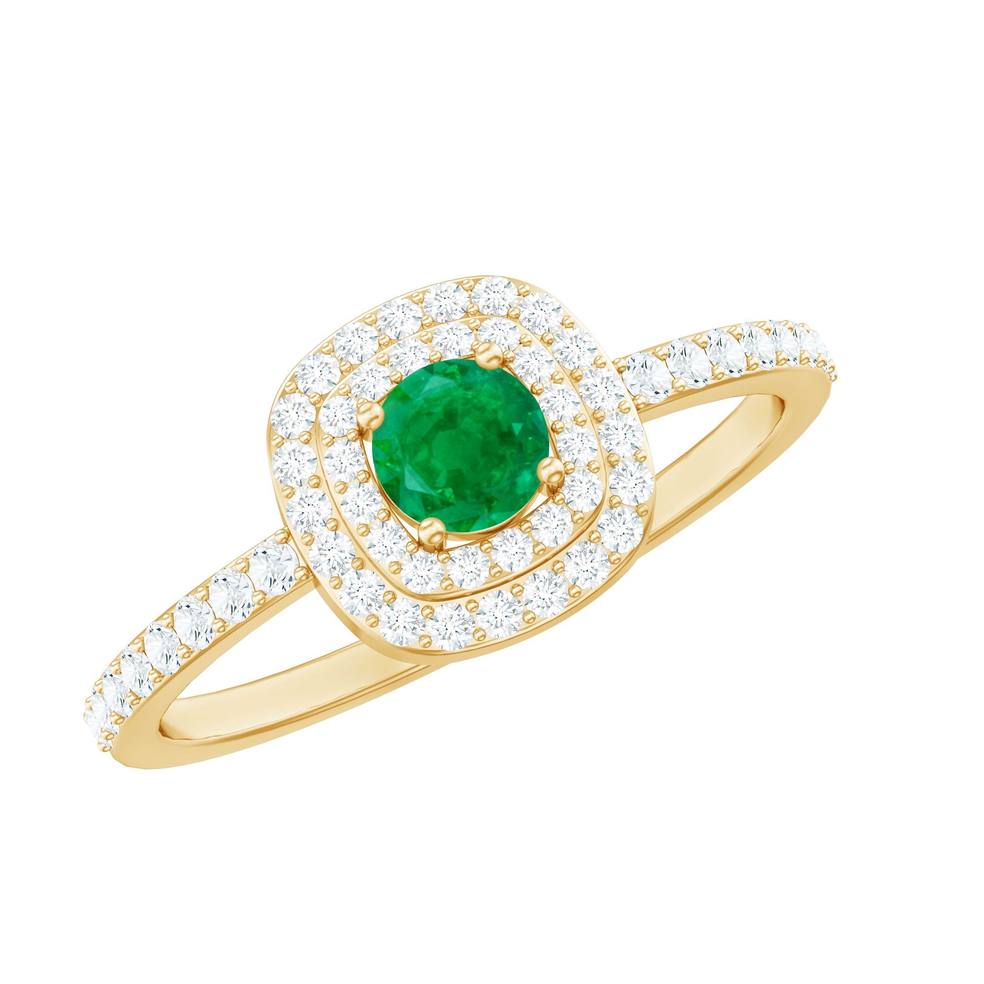 Round Emerald and Diamond Double Halo Engagement Ring | Rings | Wiccan Center