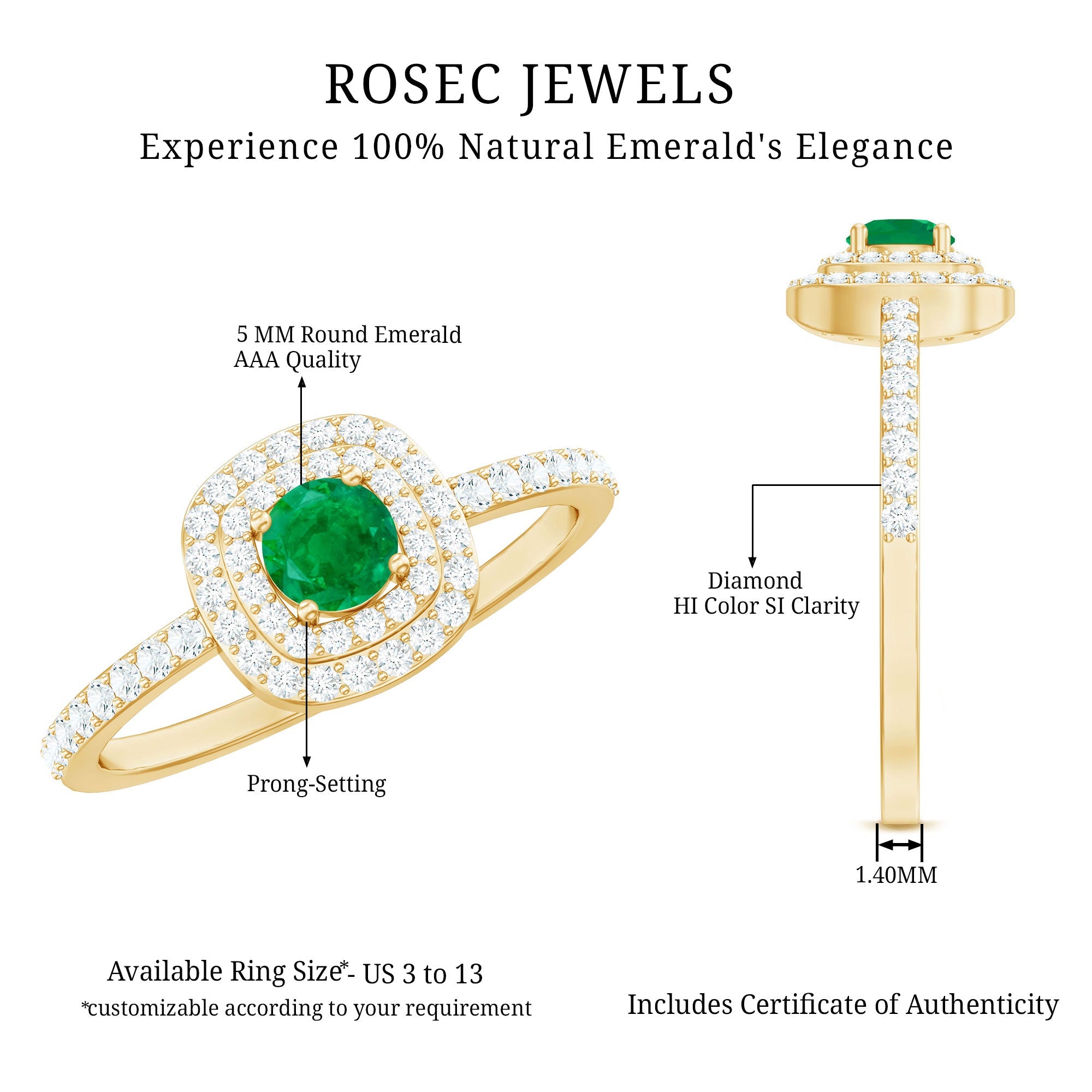 Round Emerald and Diamond Double Halo Engagement Ring