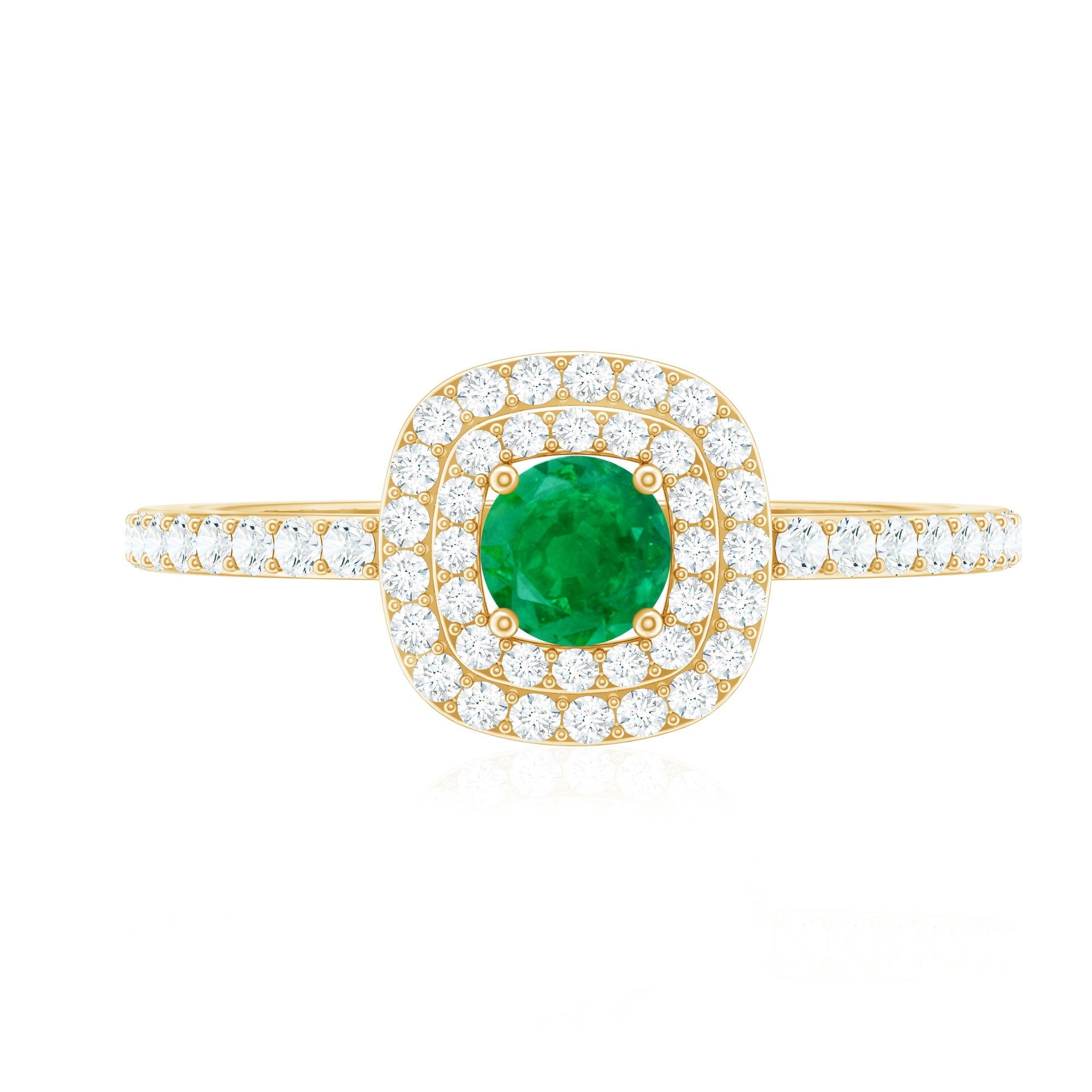 Round Emerald and Diamond Double Halo Engagement Ring