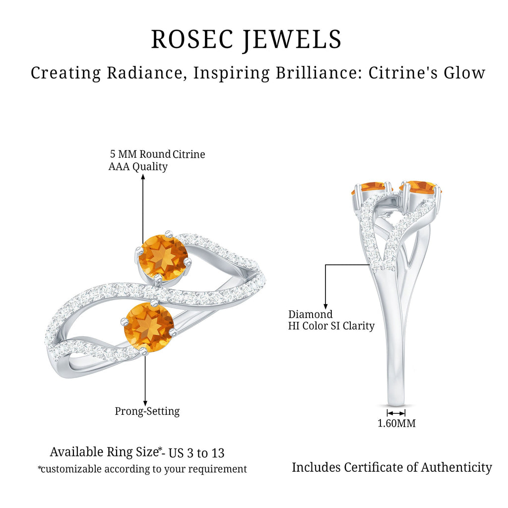 Natural Citrine Toi Et Moi Engagement Ring with Diamond