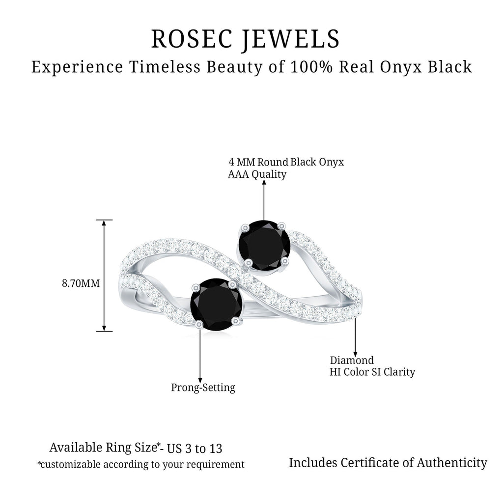 Natural Black Onyx 2 Stone Promise Ring with Diamond