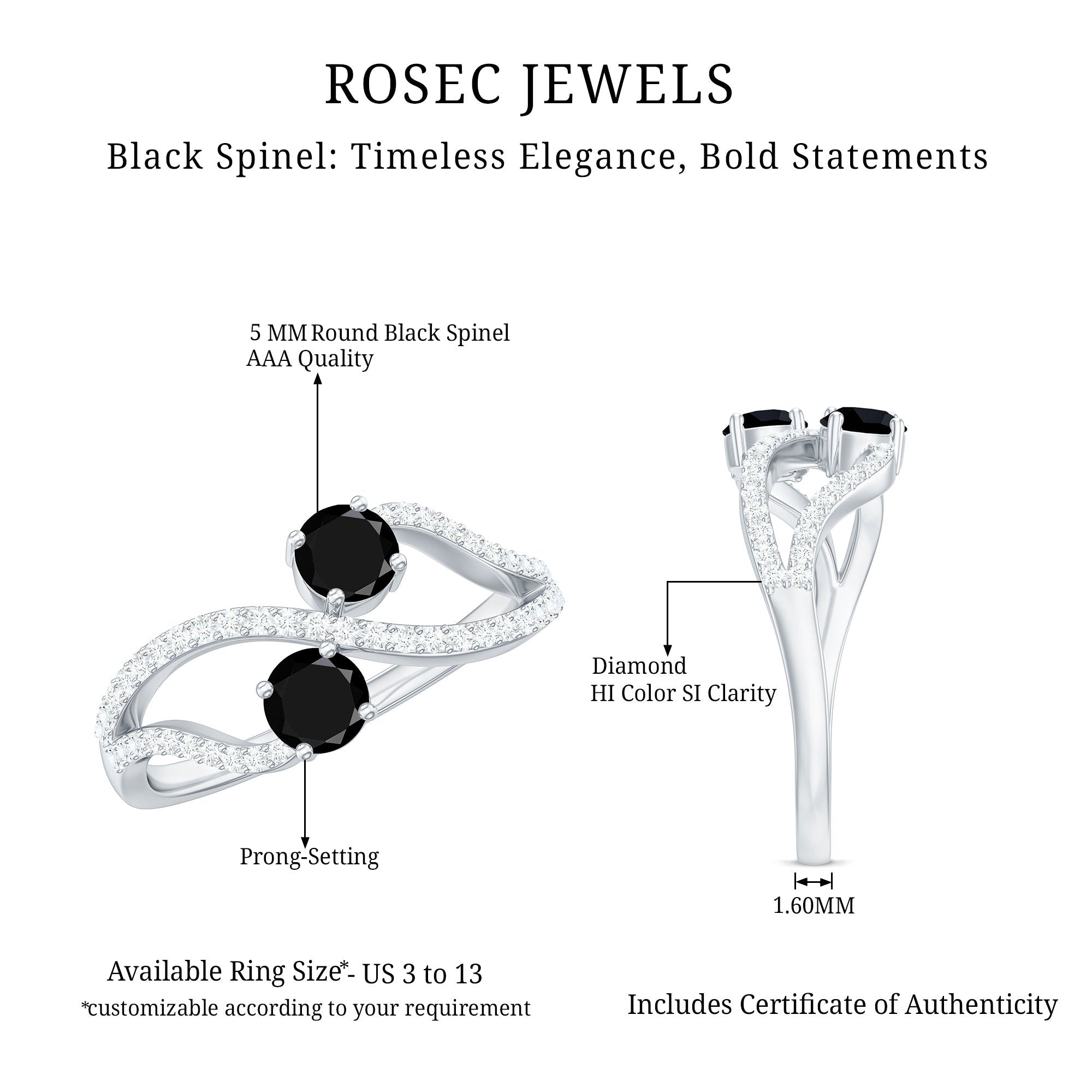 Natural Black Spinel 2 Promise Ring with Diamond