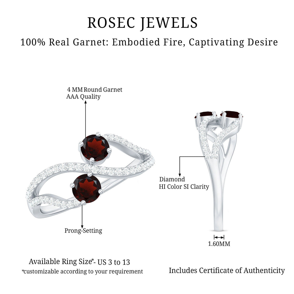 Natural Garnet 2 Stone Engagement Ring with Diamond
