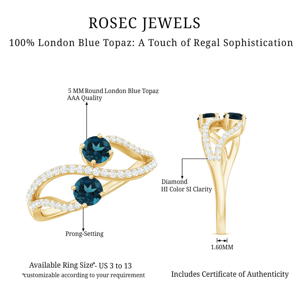 Natural London Blue Topaz 2 Stone Promise Ring with Diamond