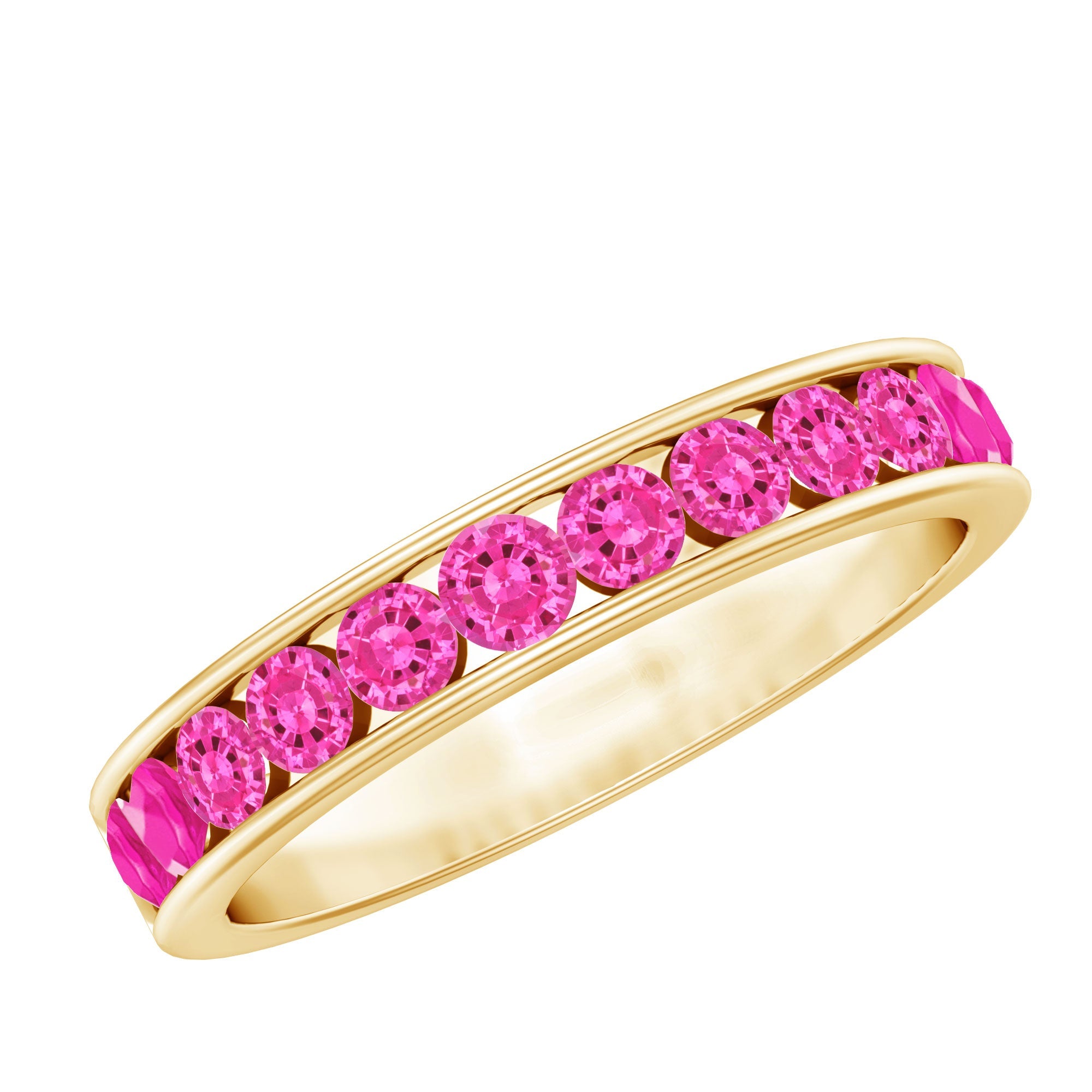 Round Lab Created Pink Sapphire Half Eternity Band in Channel Setting | Rings | Wiccan Center