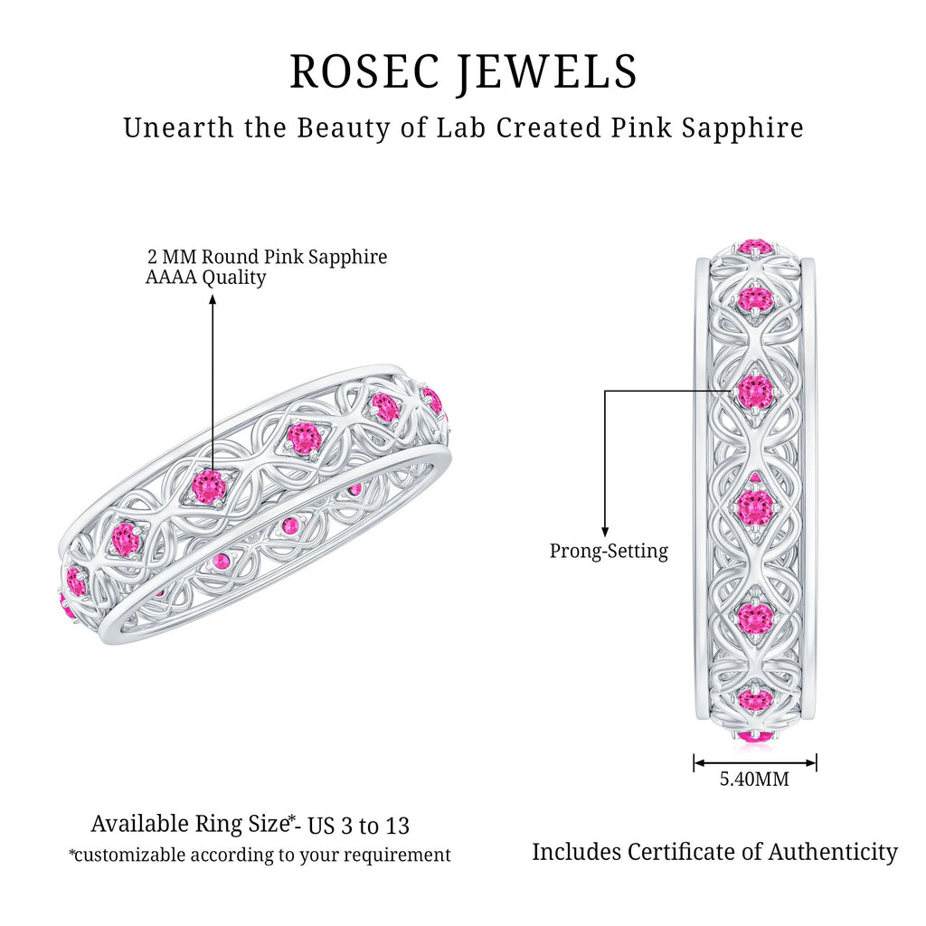 Lab Created Pink Sapphire Wedding Band with Celtic Details