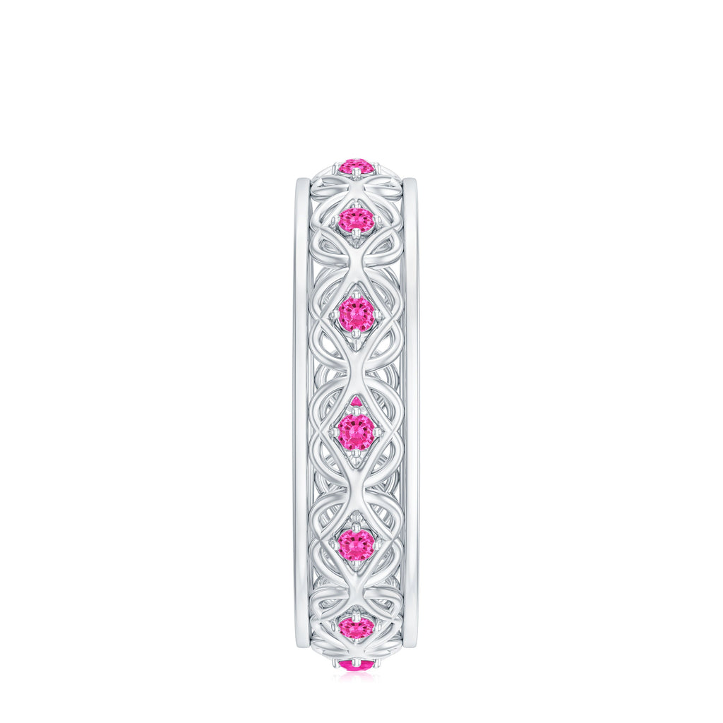 Lab Created Pink Sapphire Wedding Band with Celtic Details