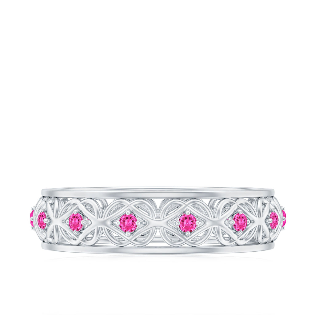 Lab Created Pink Sapphire Wedding Band with Celtic Details