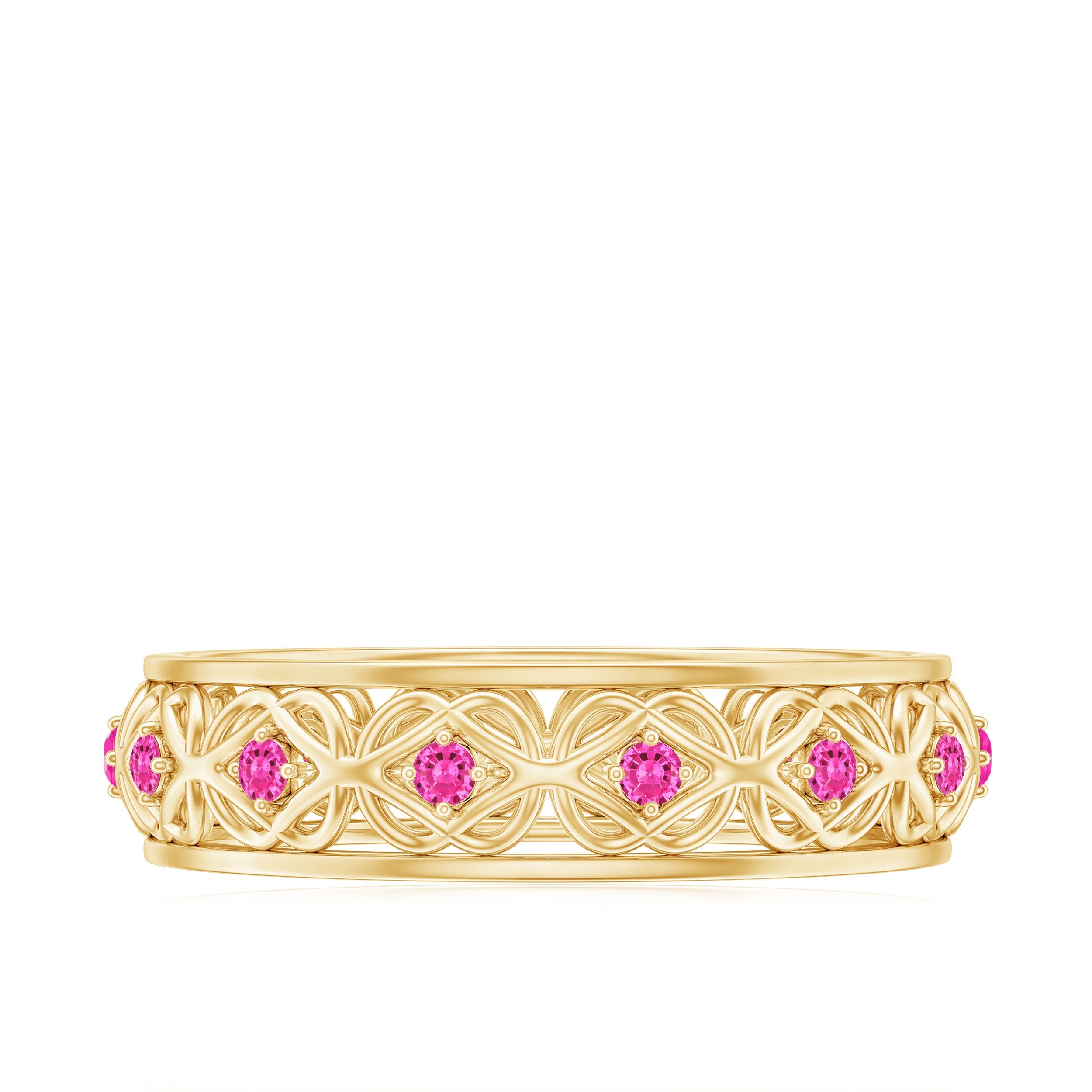 Lab Created Pink Sapphire Wedding Band with Celtic Details