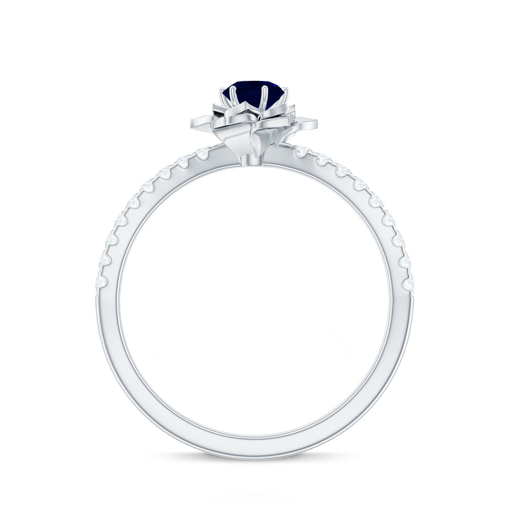 Real 0.9 Carat Blue Sapphire Rose Flower Engagement Ring with Diamond