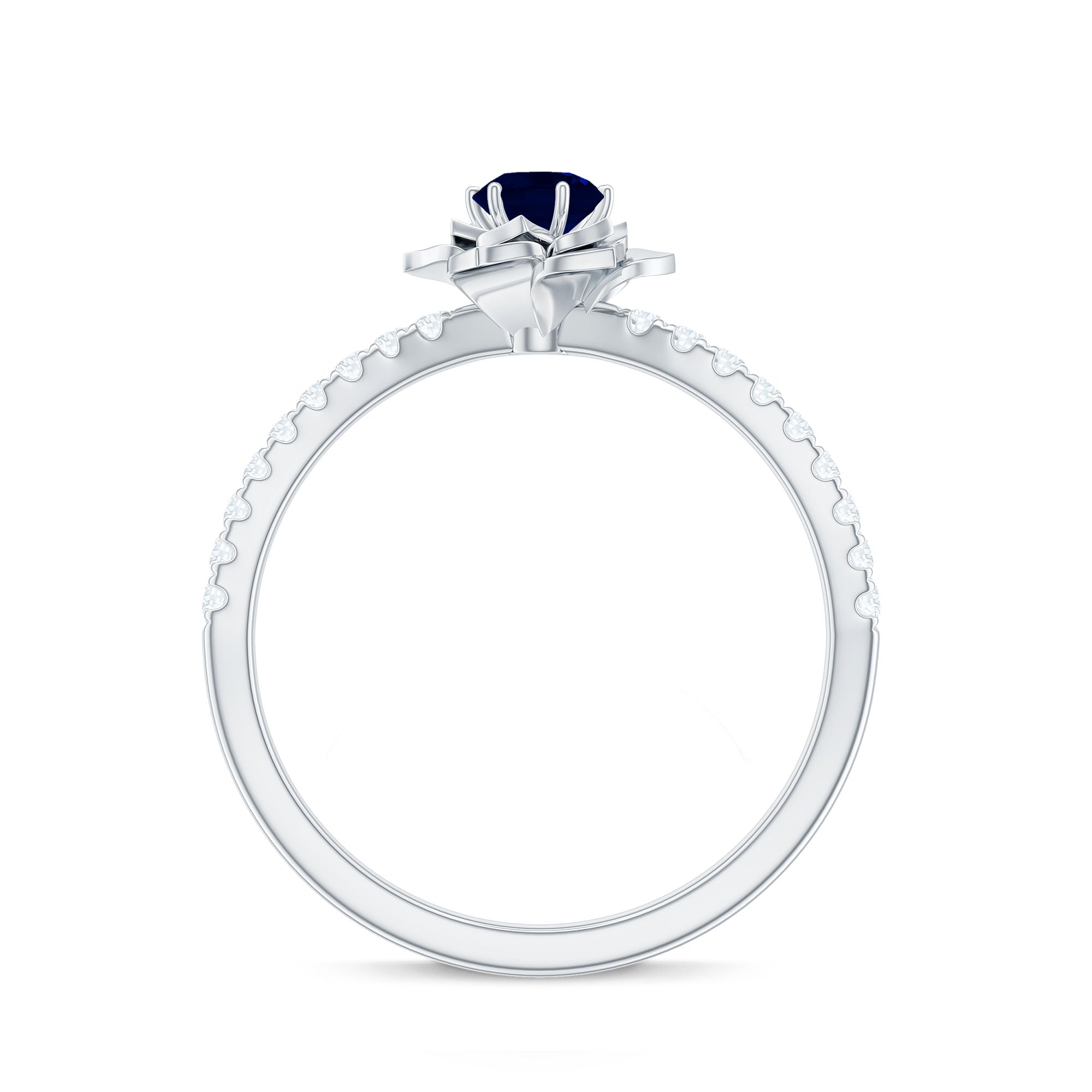 Real 0.9 Carat Blue Sapphire Rose Flower Engagement Ring with Diamond