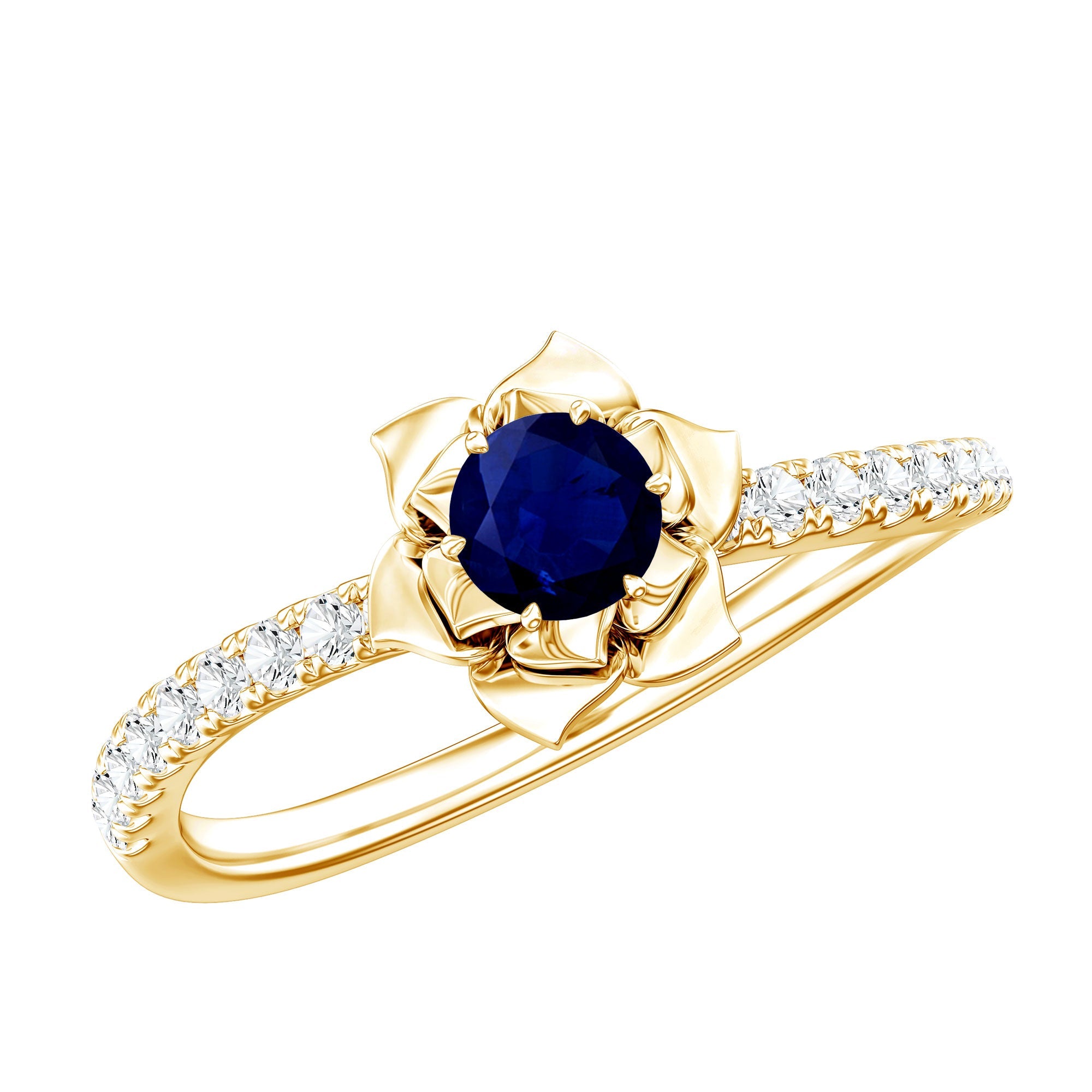 Real 0.9 Carat Blue Sapphire Rose Flower Engagement Ring with Diamond | Rings | Wiccan Center