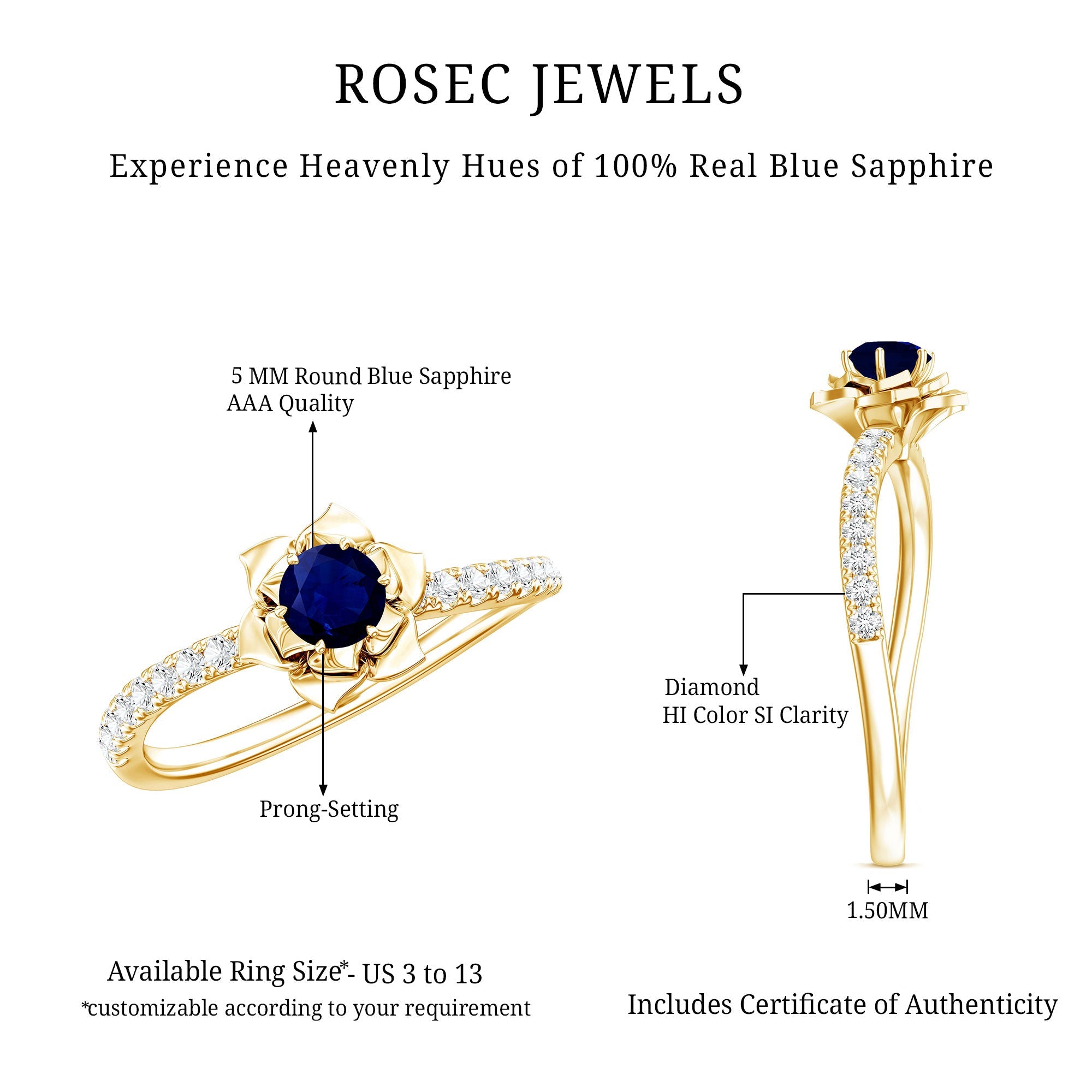 Real 0.9 Carat Blue Sapphire Rose Flower Engagement Ring with Diamond