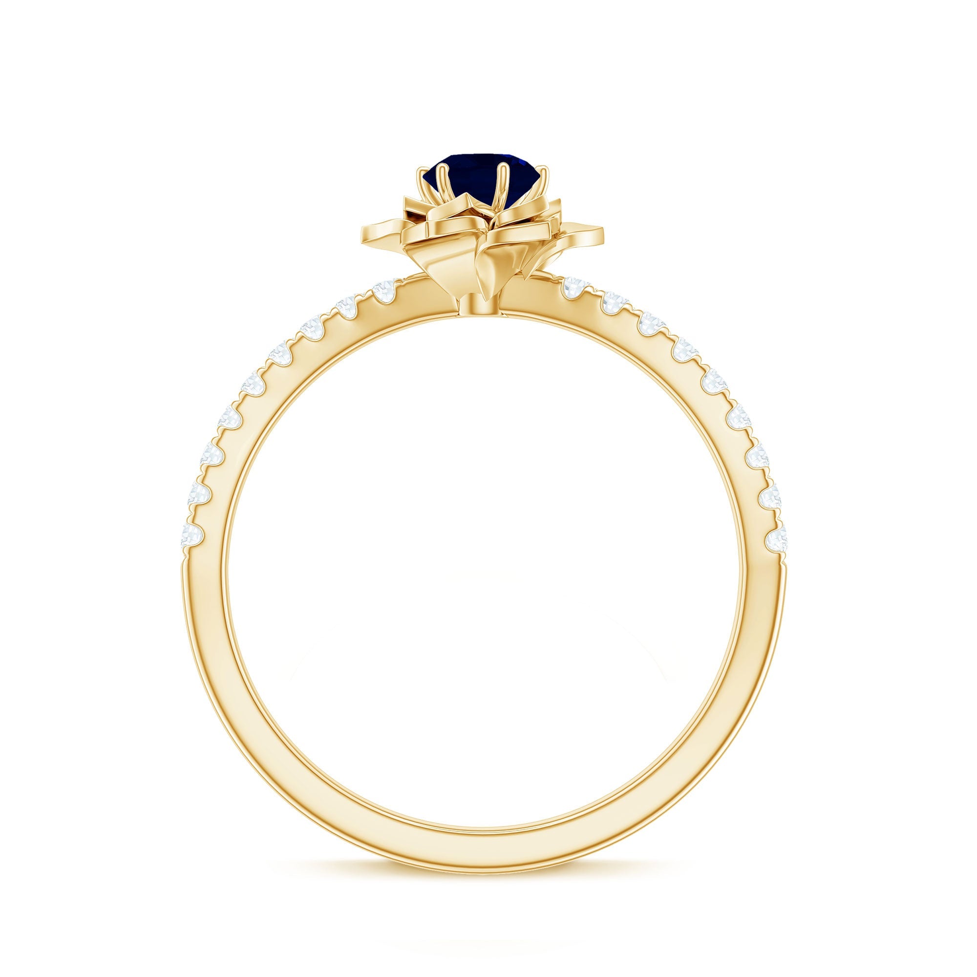 Real 0.9 Carat Blue Sapphire Rose Flower Engagement Ring with Diamond