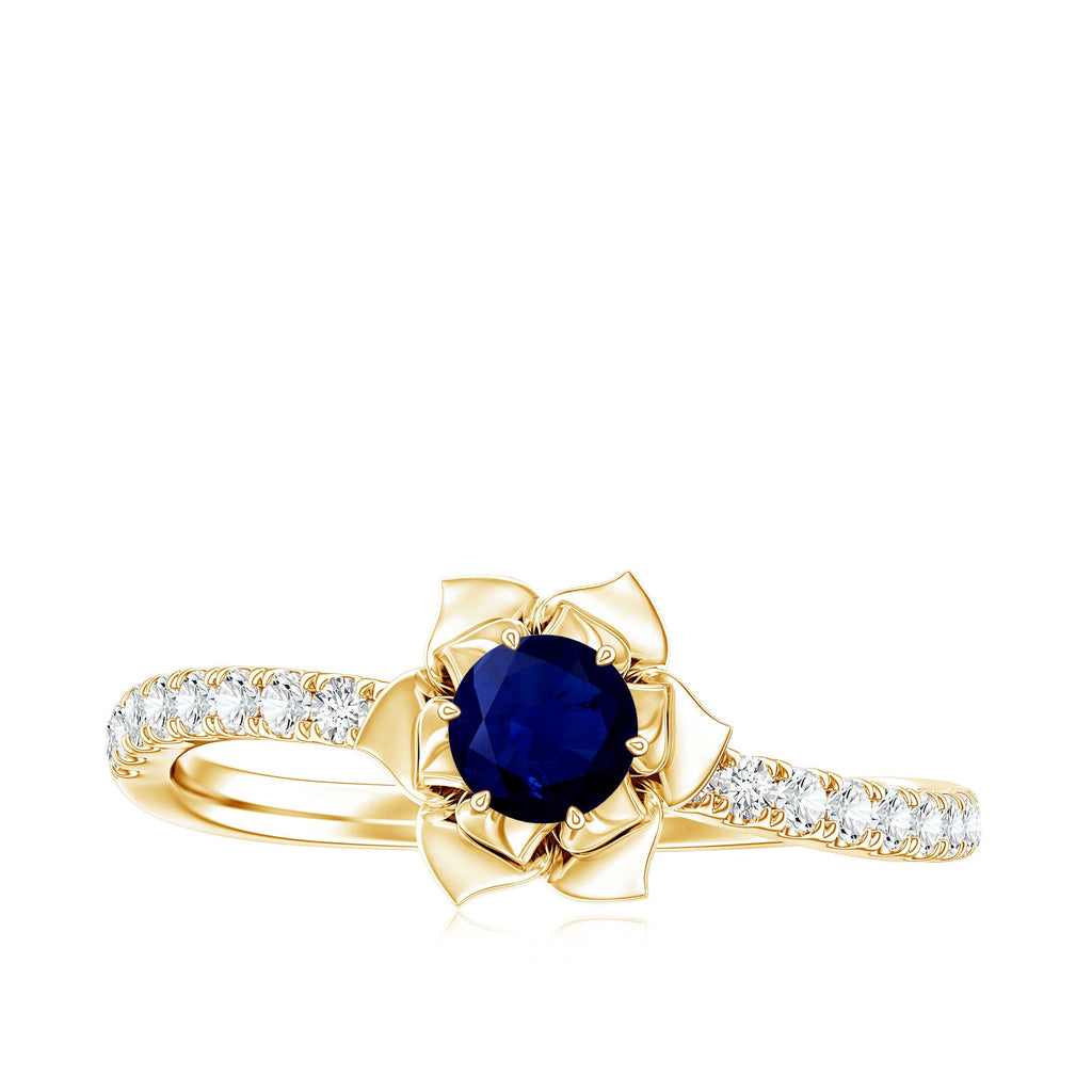 Real 0.9 Carat Blue Sapphire Rose Flower Engagement Ring with Diamond